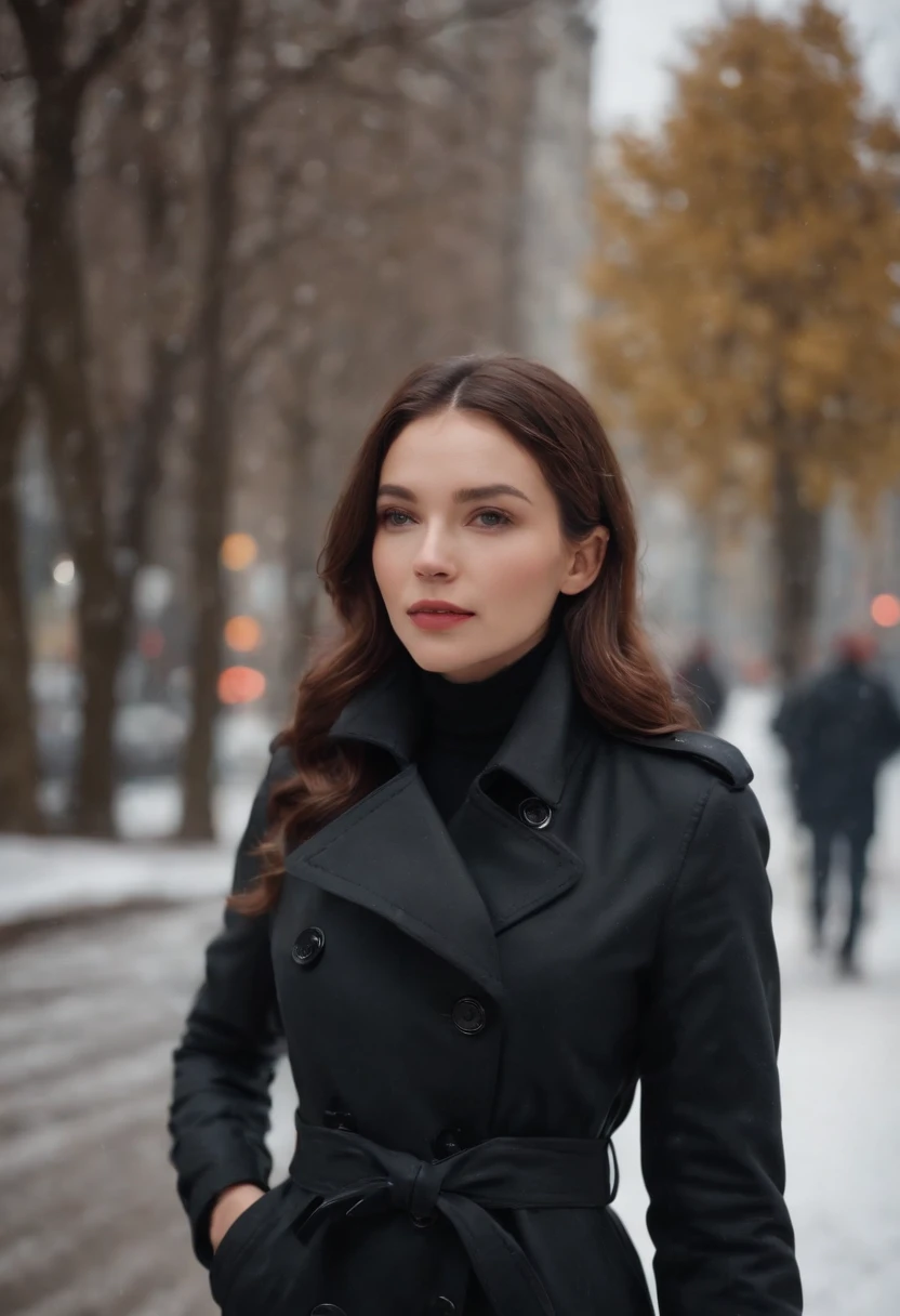 woman dressed in retro black trench coat, walks down the street, cold and snowing weather, bokeh style, medium close up shot, high quality photo
