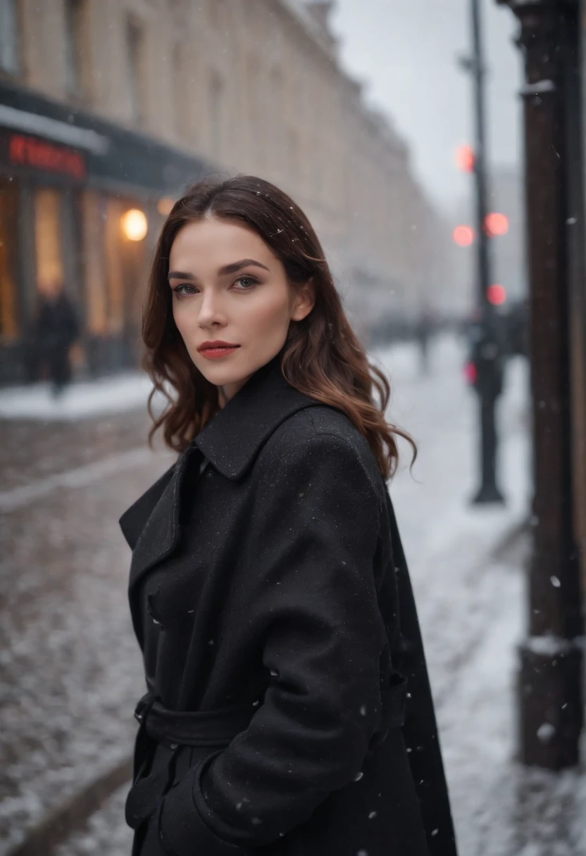 woman dressed in retro black trench coat, walks down the street, cold and snowing weather, bokeh style, medium close up shot, high quality photo