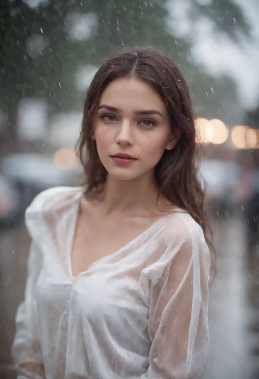 A beautiful girl wearing white transparent shirt in rainy day,medium shot