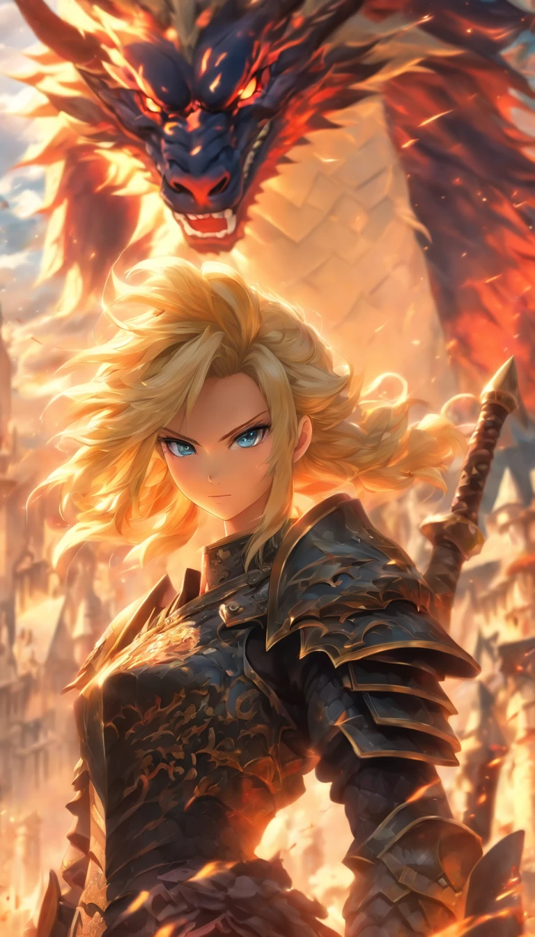 1 girl blonde slim big, Black armor in the left hand, a long sword, in der Rechten ein Schild  im hintergrund  ein, Drache, Wolken   Schloss, UHD, masterpiece, high details, highres, best quality, 8k