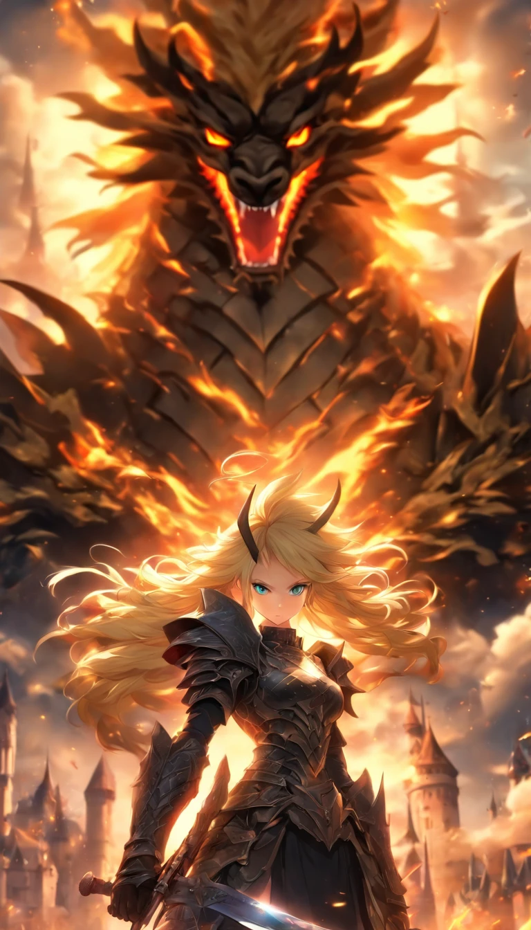 1 girl blonde slim big, Black armor in the left hand, a long sword, in der Rechten ein Schild im hintergrund ein, Drache, Wolken Schloss, UHD, masterpiece, high details, highres, best quality, 8k
