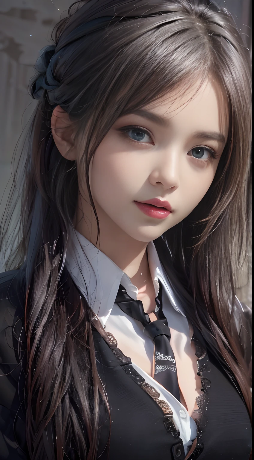 Photorealistic, High resolution, 1 Women, Solo, waist-up, Beautiful eyes, Close lips, Detailed face, White hair, Long hair, Collared shirt, black necktie,Black skirt, pencil skirts, Fur coat, Stockings