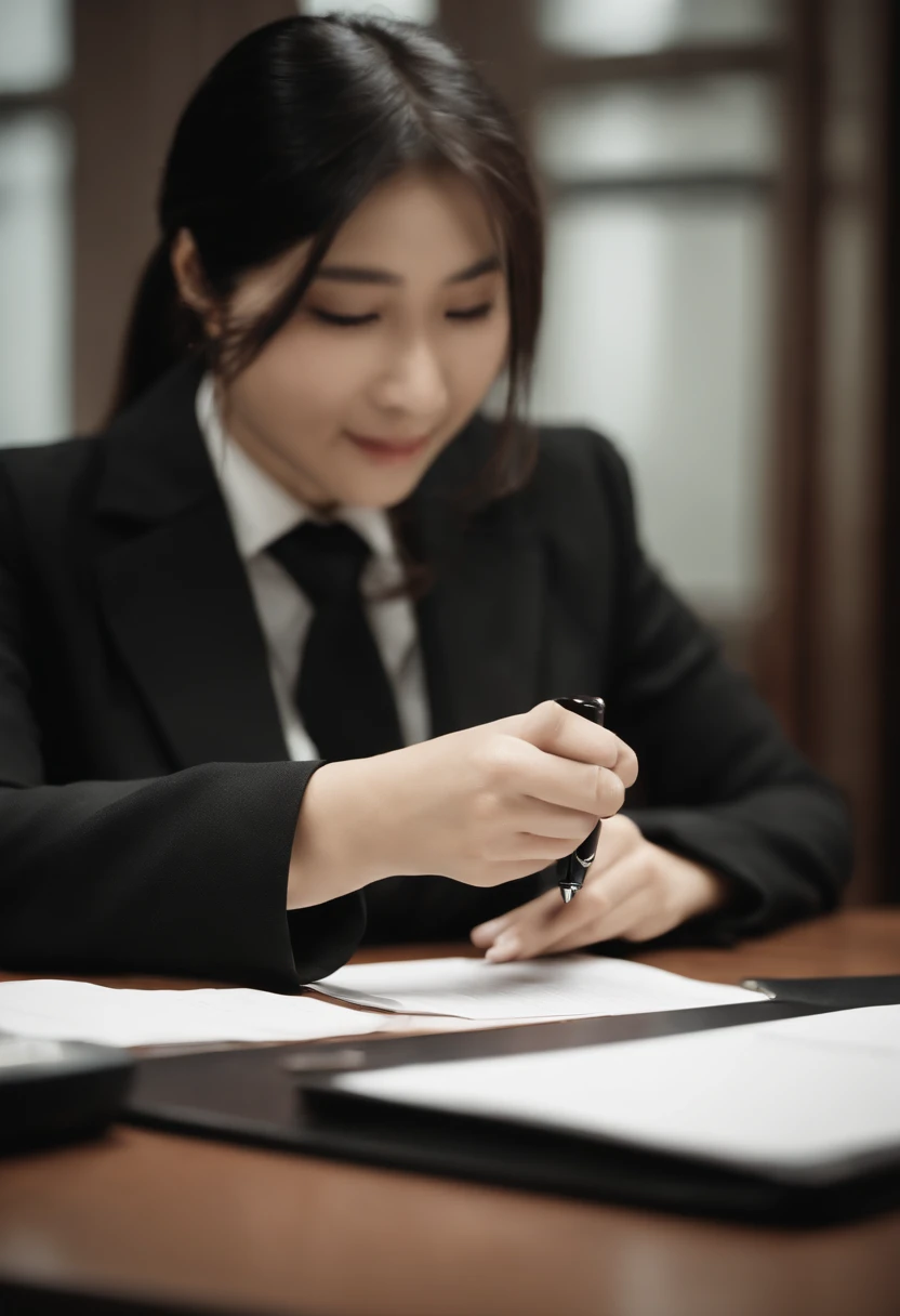 Wearing black leather gloves in both hands, upper body, black business suit, facing the desk in the modern study in the dark, looking down, smiling, writing a letter using a fountain pen, long, straight black hair, young and cute face Japanese female new employee (black leather gloves cover both hands)