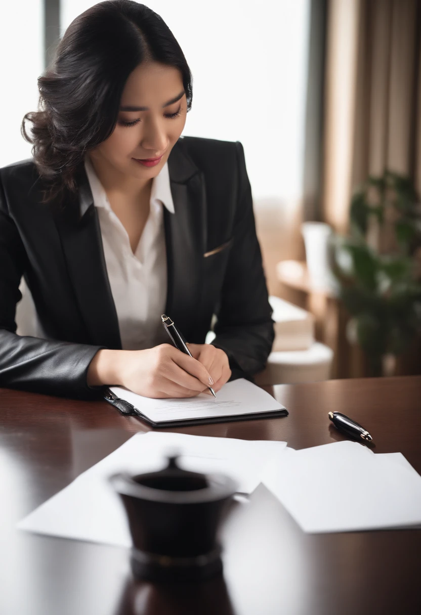 Wearing black leather gloves in both hands, upper body, black business suit, facing the desk in the modern study in the dark, looking down, smiling, writing a letter using a fountain pen, long, straight black hair, young and cute face Japanese female new employee (black leather gloves cover both hands)