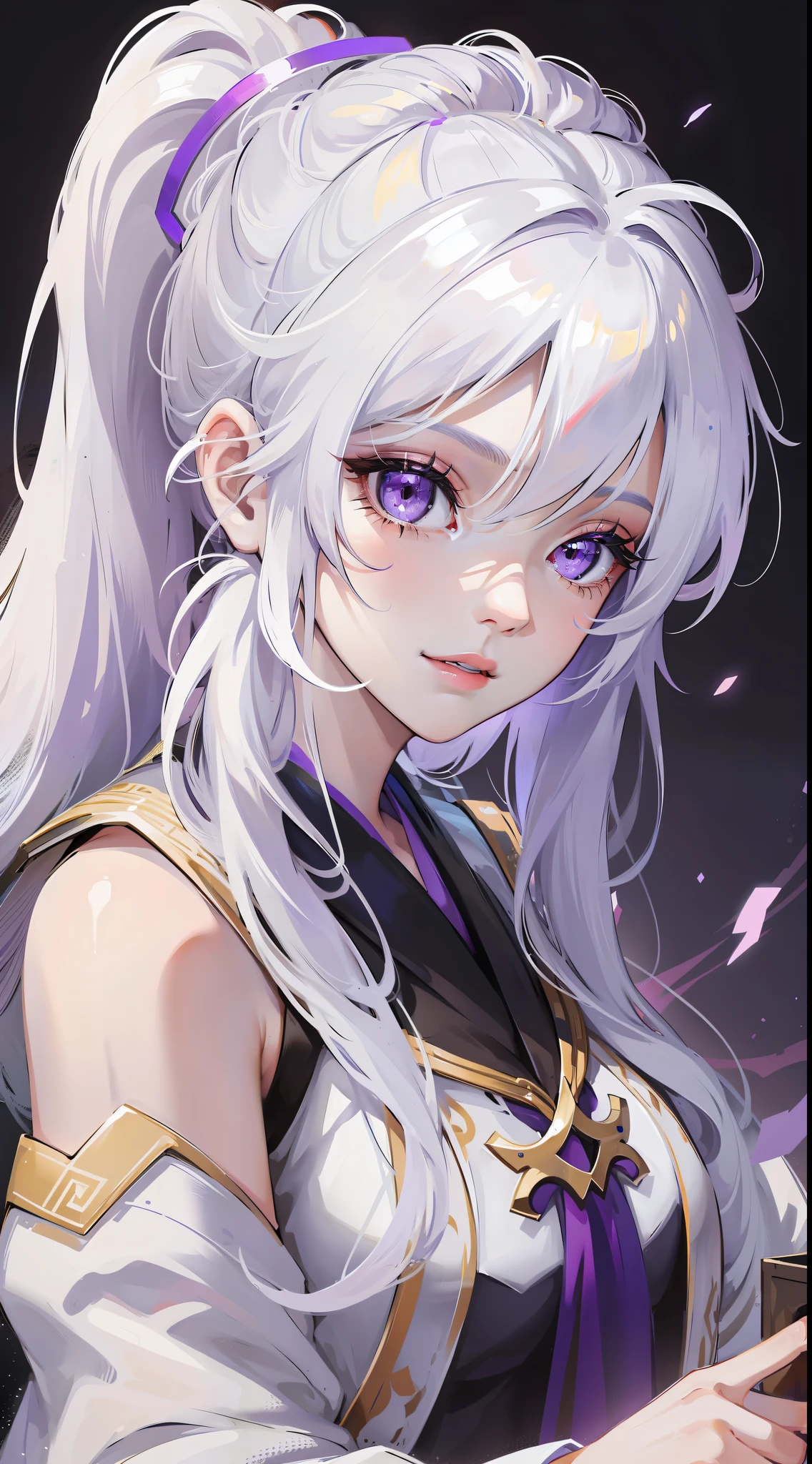 Young girl, long white hair, high ponytail, purple eyes, white hanfu, smirk, ice claws, lightning, masterpiece, high quality