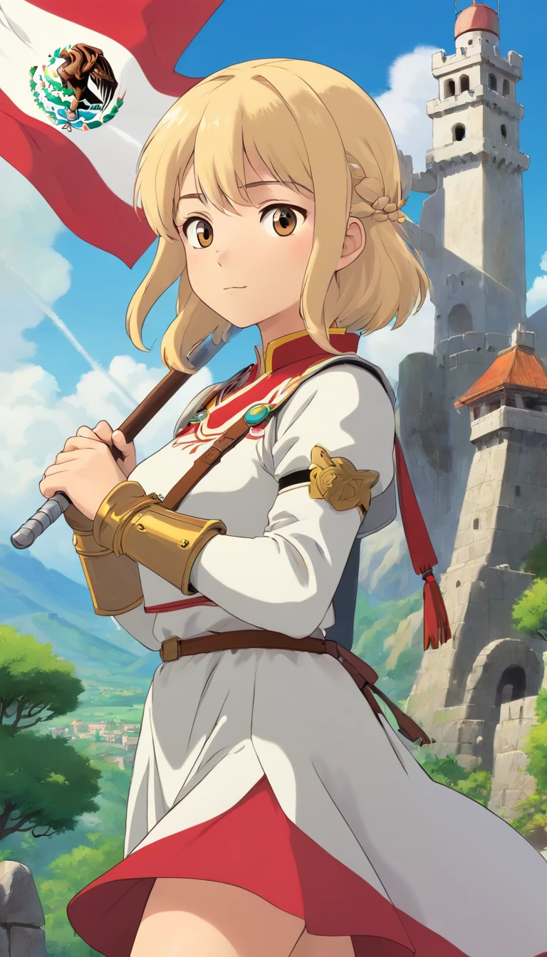 1 chica rubia delgada grande, white armor in the left hand a flag of Mexico, a la derecha un letrero en el fondo, Dragon, Castillo de las Nubes, UHD, Obra maestra, Detalles altos, Altas Resoluciones, La mejor calidad, 8k