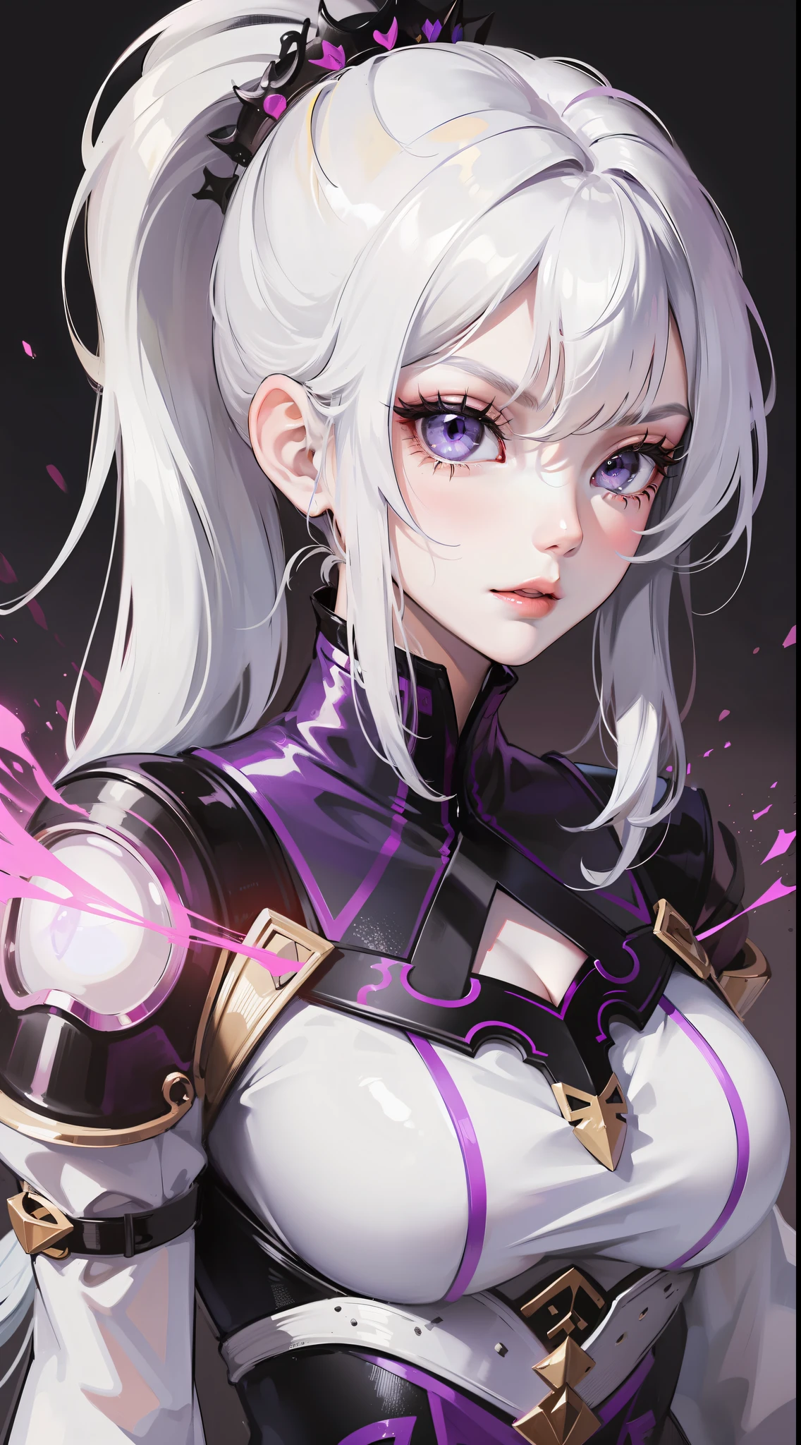 Young girl, long white hair, high ponytail, purple eyes, purple princess dress, evil look, masterpiece, high quality