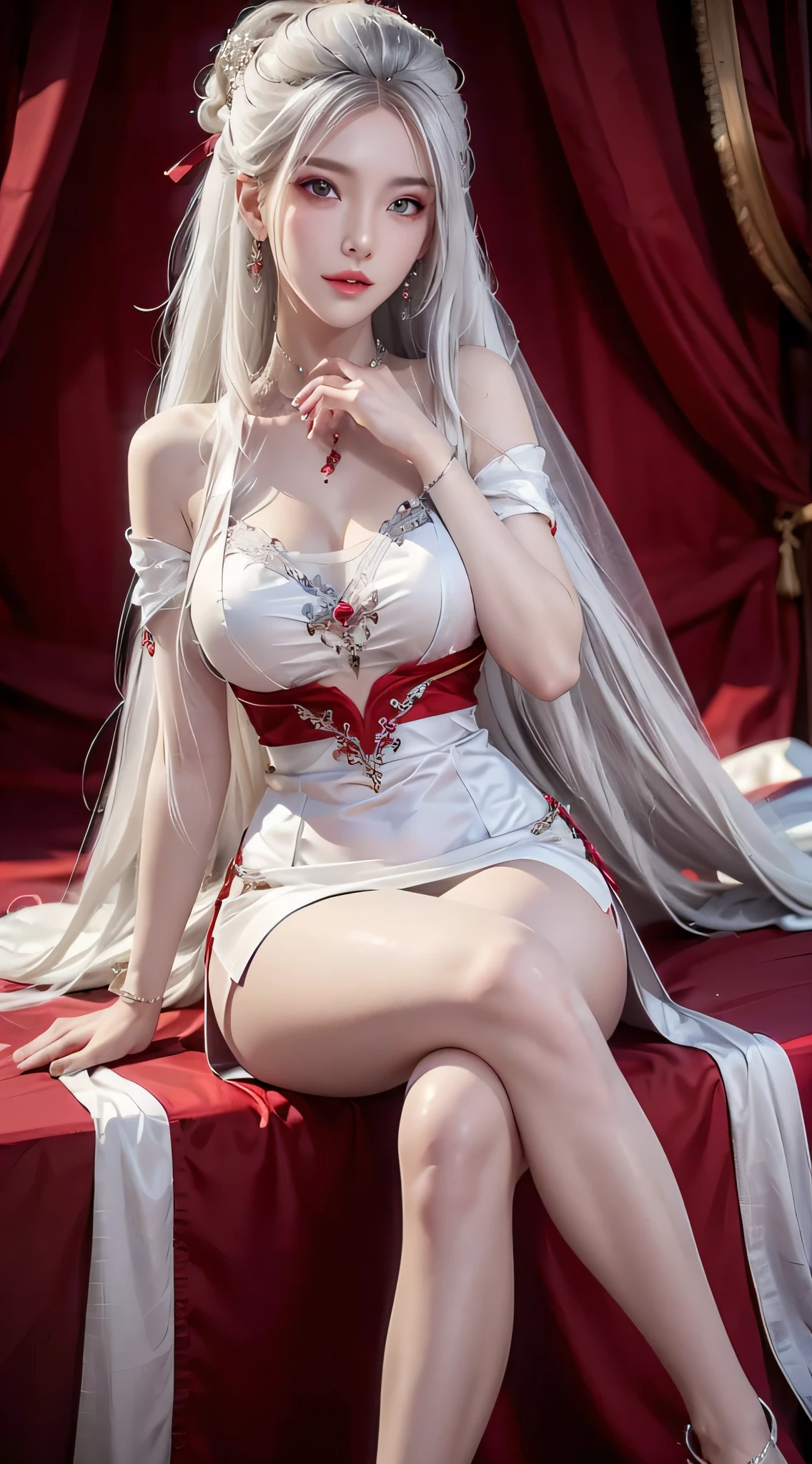 Photorealistic, high resolution, 2 woman, Hips up, Beautiful eyes, White hair, Long hair, ringed eyes, jewelry, tattoo, wedding dress, red dress, china dress, crossing legs