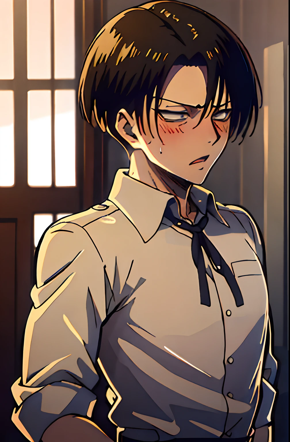 (masutepiece,Best Quality, Detailed), Boy, Indoors, Night, Upper body, Sweat, Ahegao, Rolling eyes, blush, Wet shirt,
Levi Ackerman , Neck ribbon, Collared shirt, lean muscle