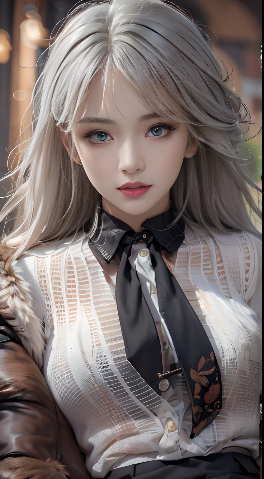 Photorealistic, High resolution, 1 Women, Solo, waist-up, Beautiful eyes, Close lips, Detailed face, White hair, Long hair, Collared shirt, black necktie,Black skirt, pencil skirts, Fur coat, Stockings