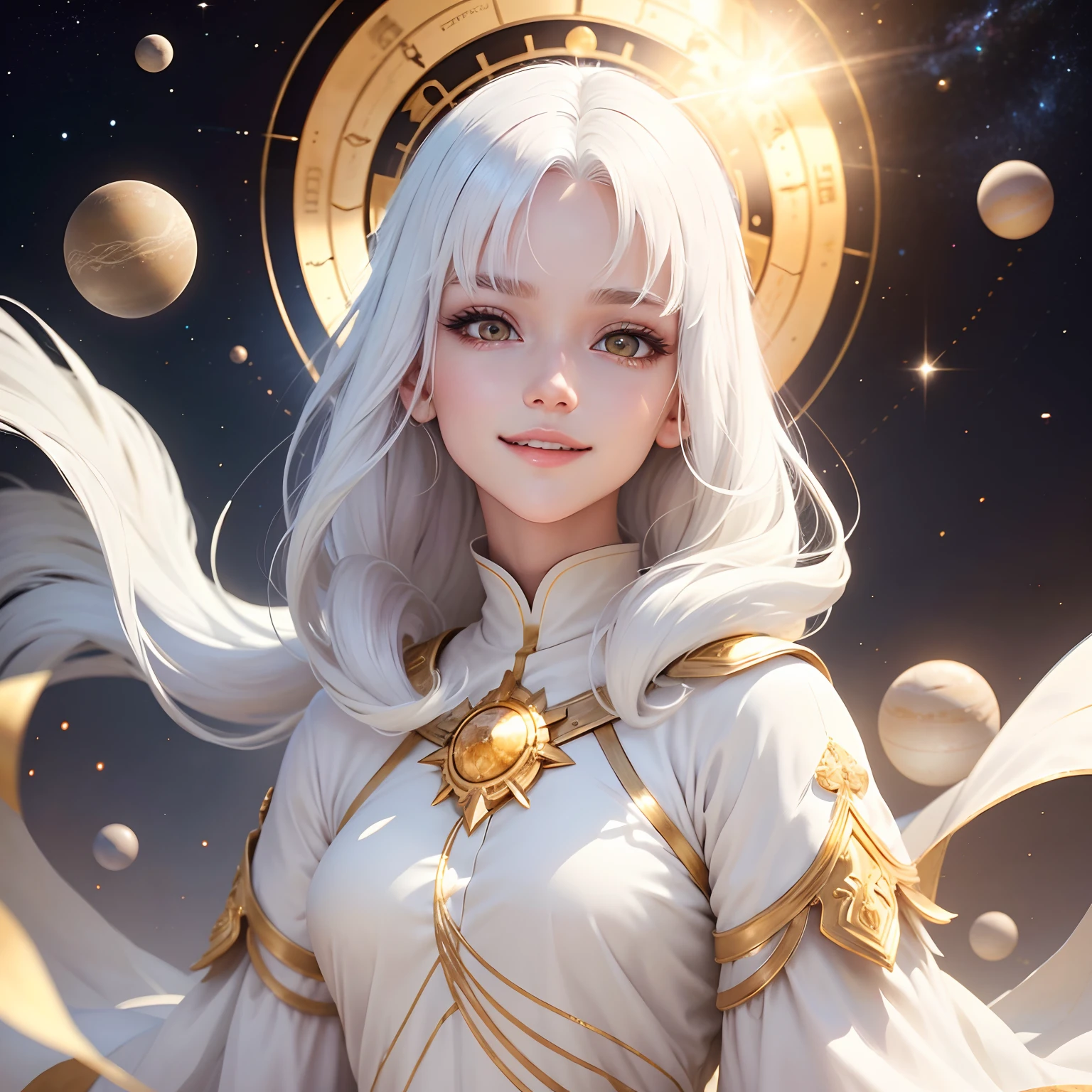 best quality, white hair, gold eyes, white clothes, looking up, upper body, hair strand, Fair skin, smiling, solar system