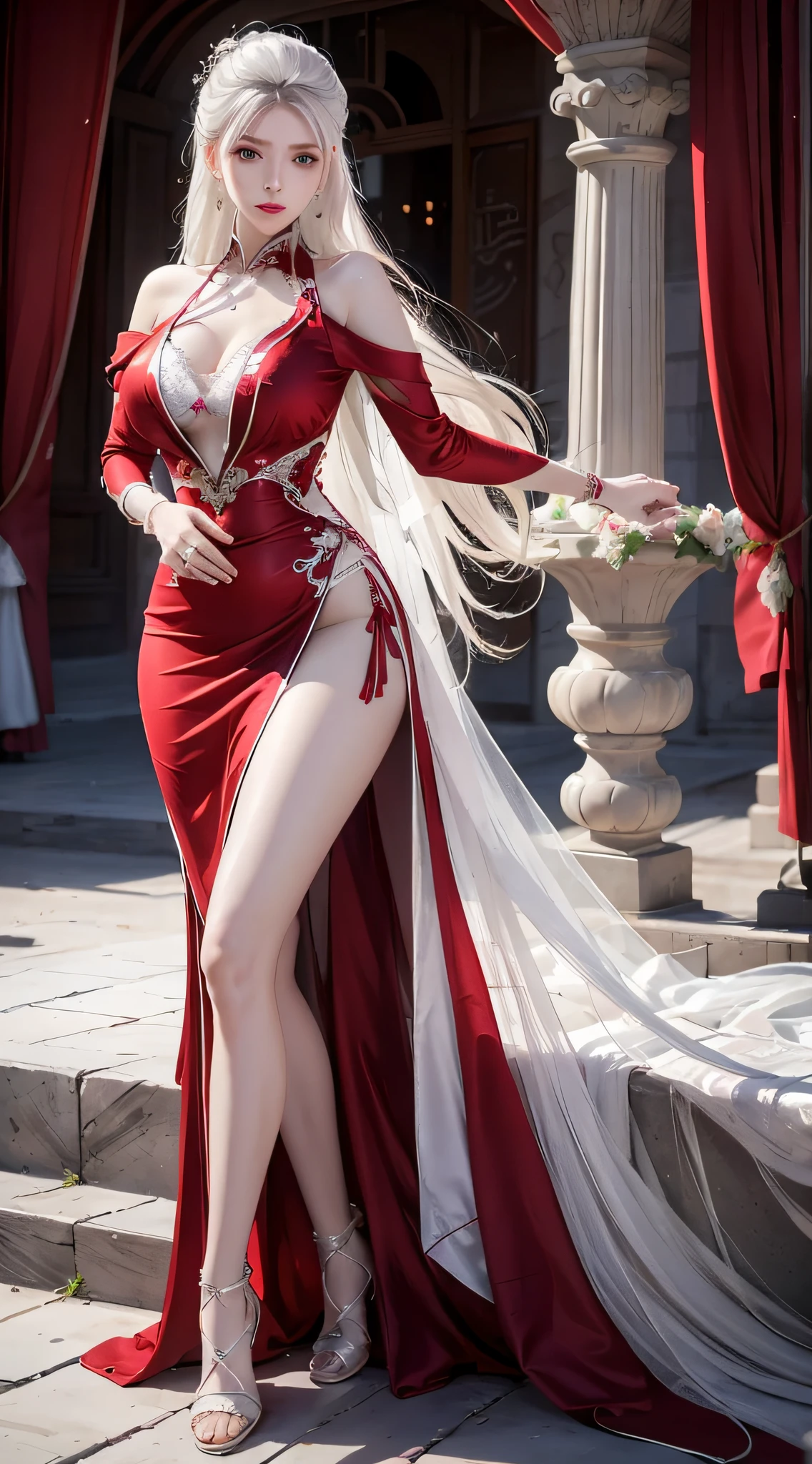Photorealistic, high resolution, woman, Hips up, Beautiful eyes, White hair, Long hair, ringed eyes, jewelry, tattoo, wedding dress, red dress, china dress, crossing legs, full body