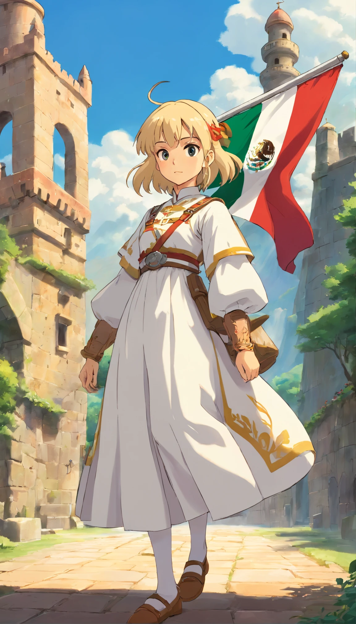 1 chica rubia delgada grande, white armor in the left hand a flag of Mexico, a la derecha un letrero en el fondo, Dragon, Castillo de las Nubes, UHD, Obra maestra, Detalles altos, Altas Resoluciones, La mejor calidad, 8k