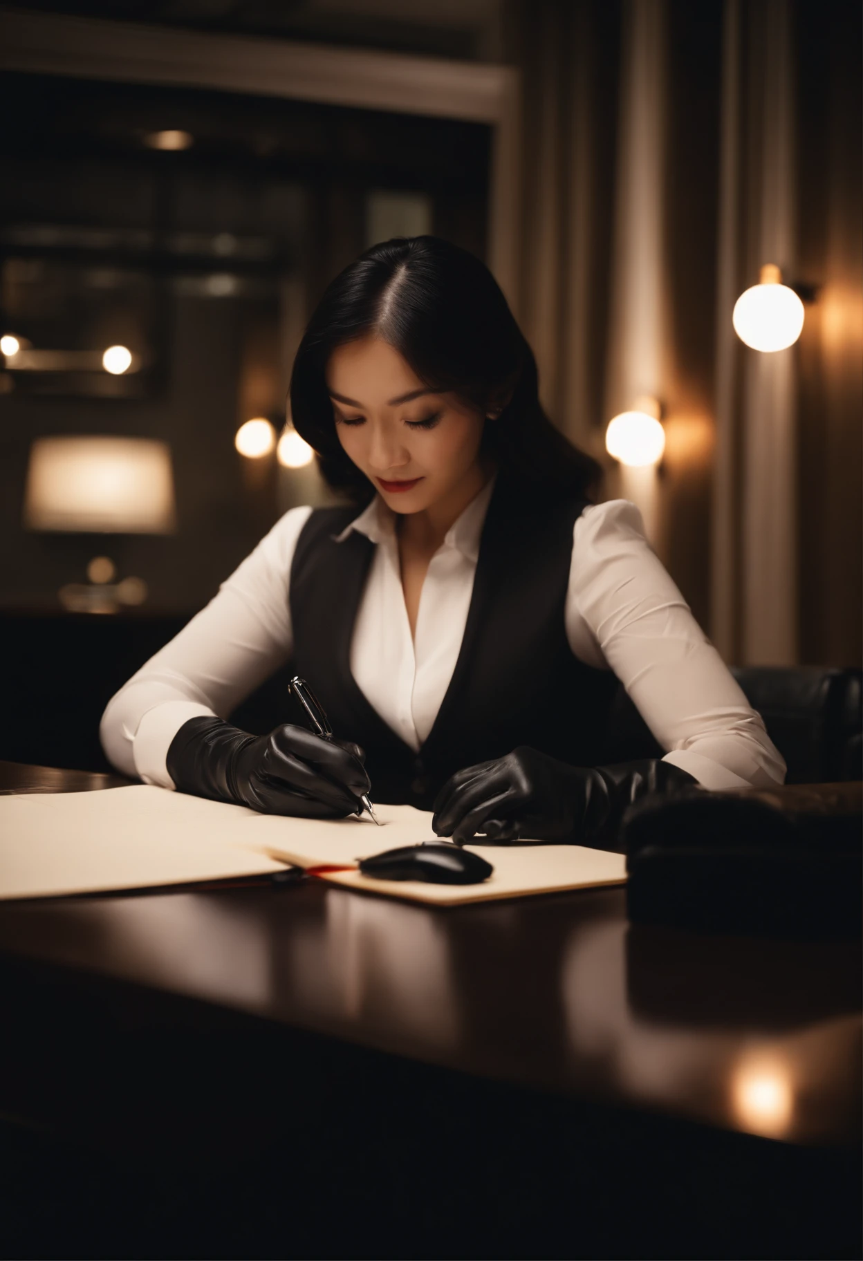 Wearing black leather gloves in both hands, upper body, black business suit, facing the desk in the modern study in the dark, looking down, smiling, writing a letter using a fountain pen, long, straight black hair, young and cute face Japanese female new employee (black leather gloves cover both hands)