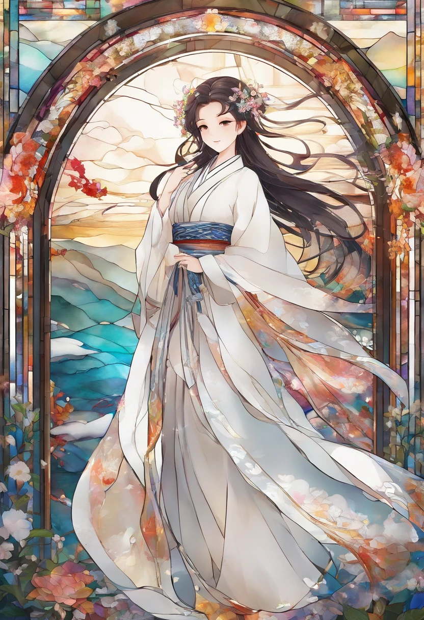 Best quality, 4k picture quality, 1girll, White Hanfu, Snow, Long hair fluttering in the wind, Healing smiles, largeaperture, Blurred background