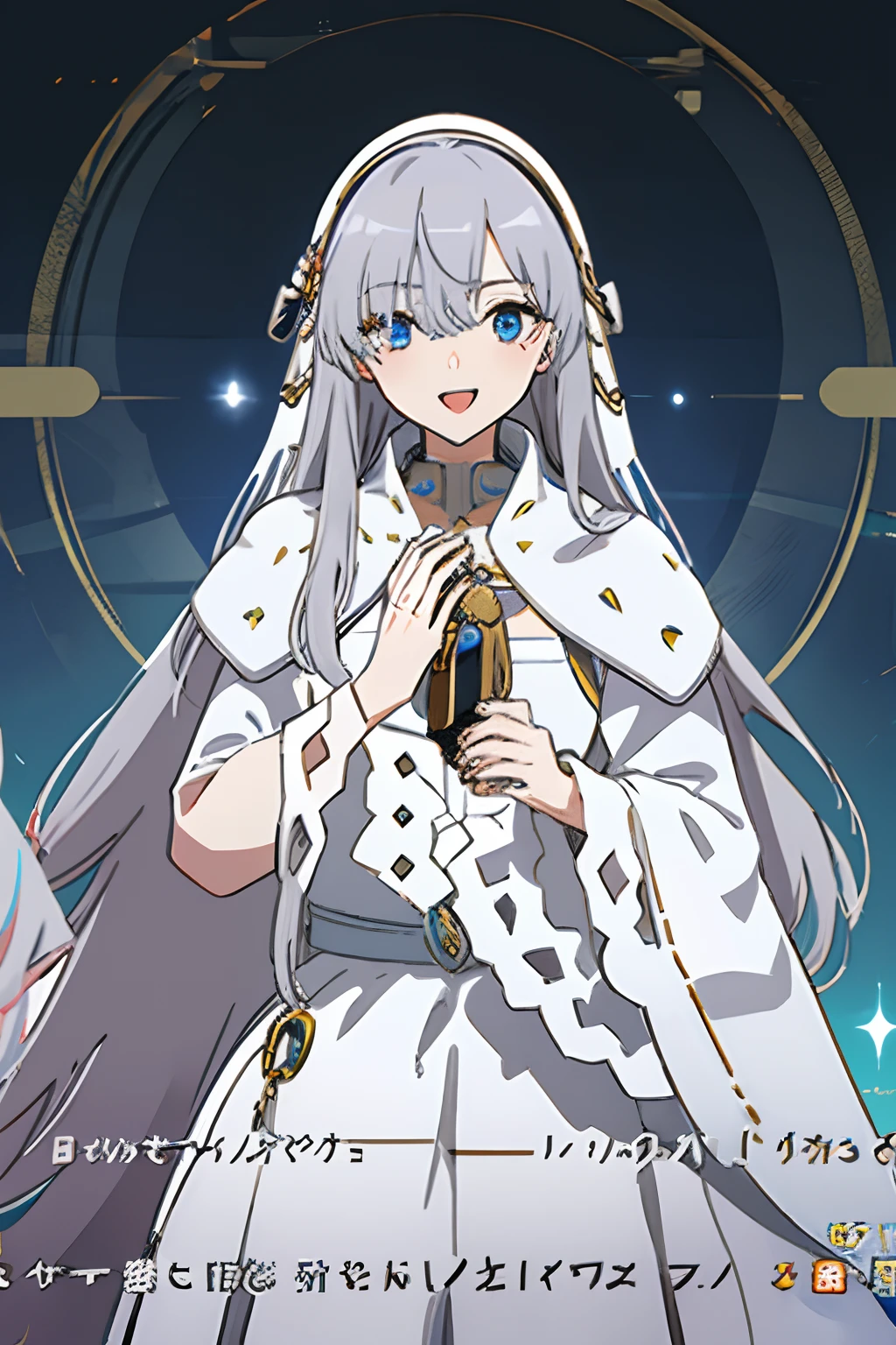 anastasia, blue eyes, gray hair, hair between the eyes, (hair and patch over one eye: 1.5), long hair, bangs, hair band, cape, brown hair band, wide sleeves, female religious clothing , wide sleeves, fur trim, tachi-e, royal tunic, white dress, white veil, white nun's habit
Hash lora 1 = .6 body, lora asuka = .2 eyes, lora togs himiko = .2 smile, open mouth, smiling, full body, pose, walking, in the park
