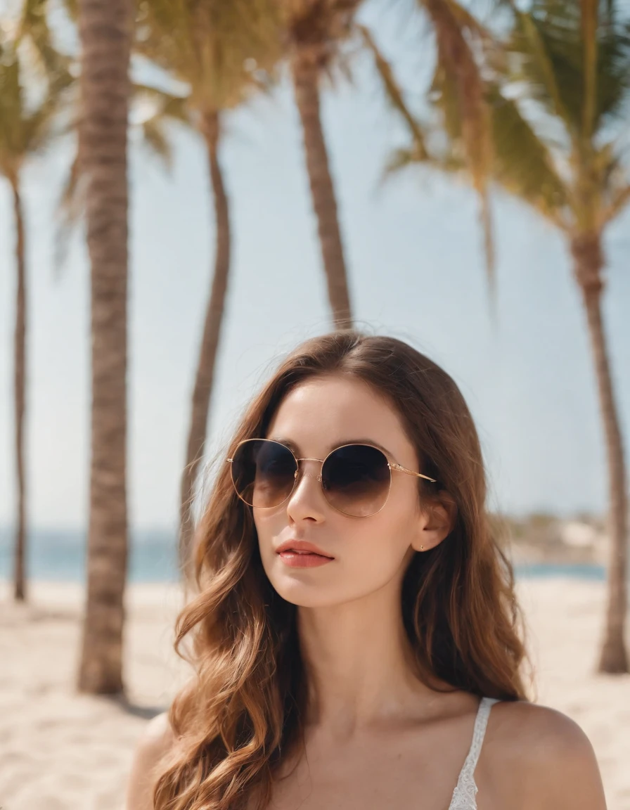 woman in standing on the beach with palm tree, sunglass by rachel bernstein for stocksy united, in the style of mid-century illustration, dark beige and black, panoramic scale, poster art, detailed foliage, charming characters, georgy kurasov