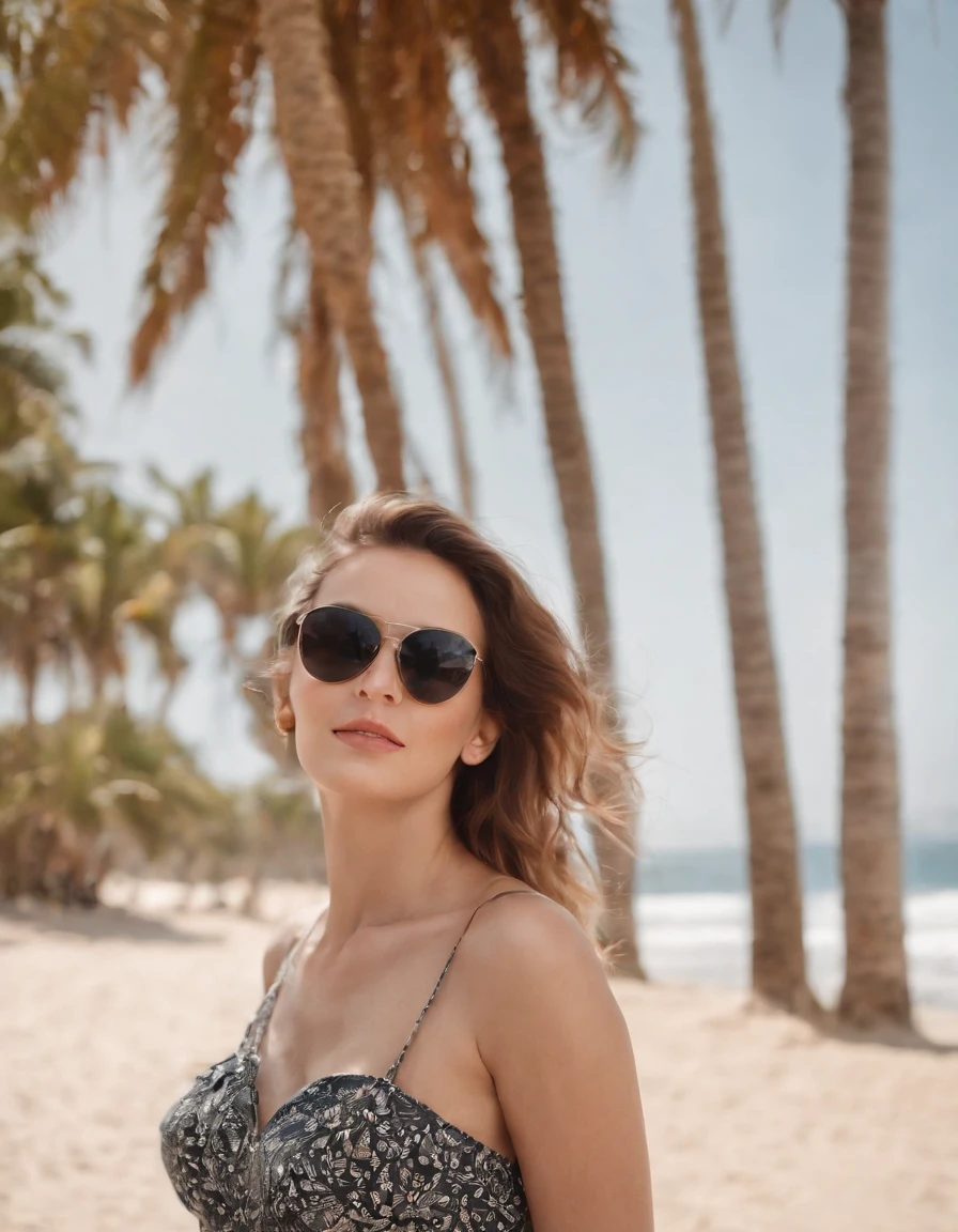 woman in standing on the beach with palm tree, sunglass by rachel bernstein for stocksy united, in the style of mid-century illustration, dark beige and black, panoramic scale, poster art, detailed foliage, charming characters, georgy kurasov
