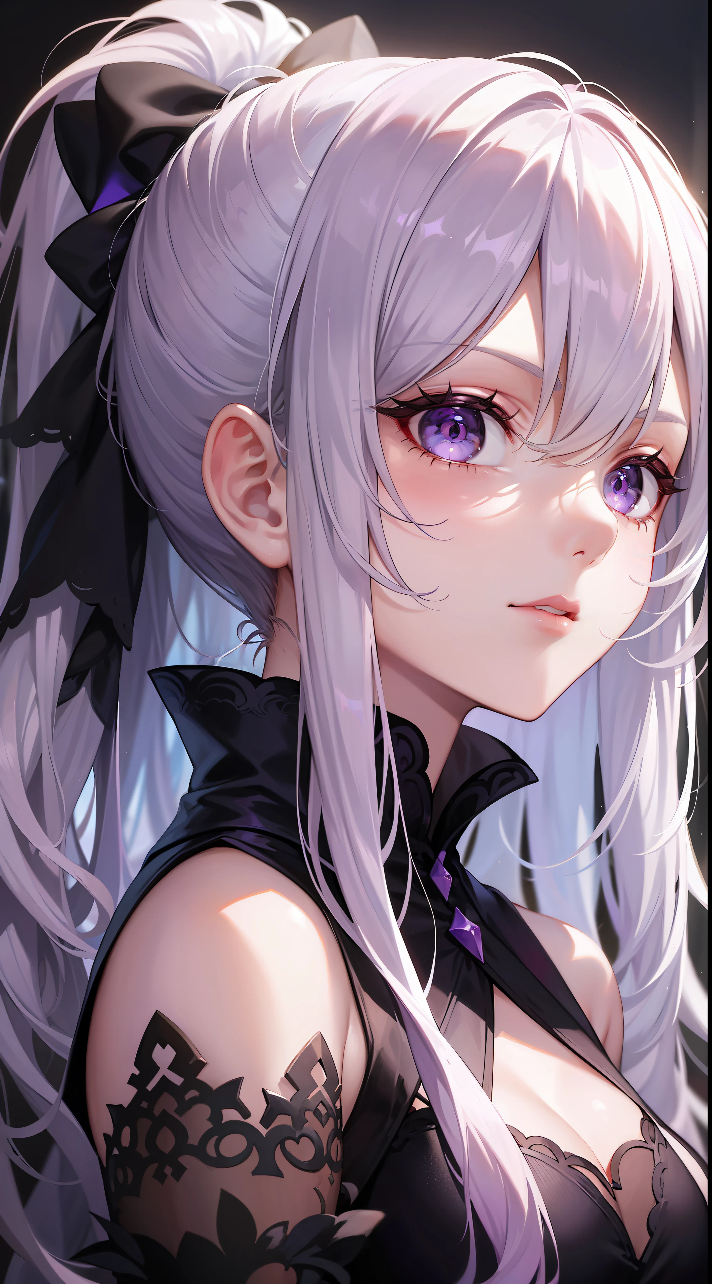 Young girl, long white hair, high ponytail, purple eyes, purple princess dress, evil look, masterpiece, high quality