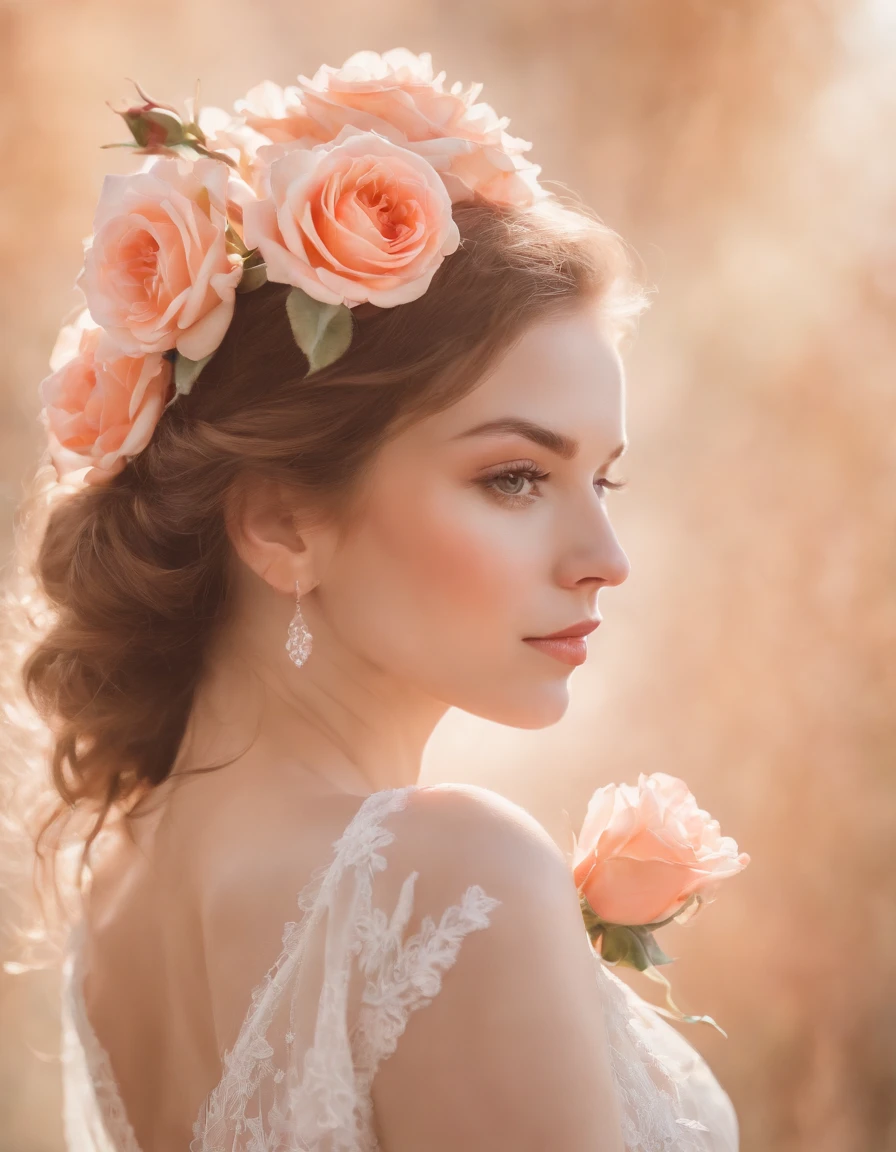 a watercolor portrait art of a woman, holding roses, in the style of silhouette figures, elegant calligraphy, bloomcore, light orange and pink, captures the essence of nature, animated gifs, letras y figuras