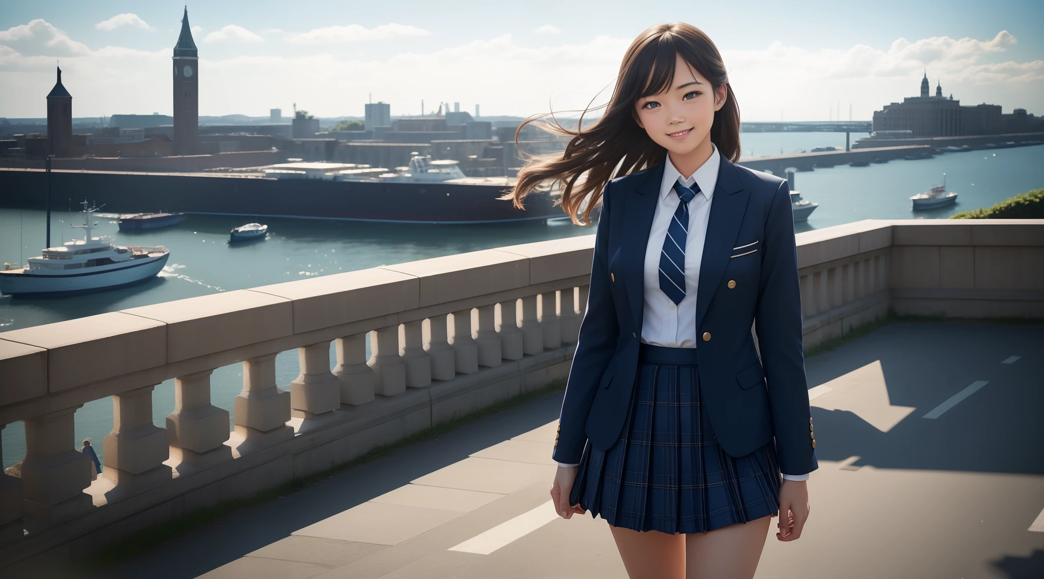 (Like lomography), Wide right margin, (Formal jacket dark blue), The theme color is blue, masutepiece, Super Detail, High quality, awardwinning, 8K, (girl), Solo, Smiling, High School Uniform, White shirt, Short tie, Short pleated skirt is plaid, Half body shot, Shooting from the front, Detailed fingers, In a port city, In Europe, in a sunny day, Summer scenery, Cinematic, Cinematic Light, vignetted