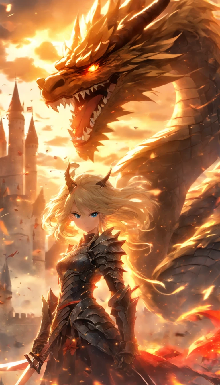 1 girl blonde slim big, Black armor in the left hand, a long sword, in der Rechten einen Speer im hintergrund ein, Drache, Wolken Schloss, UHD, masterpiece, high details, highres, best quality, 8k