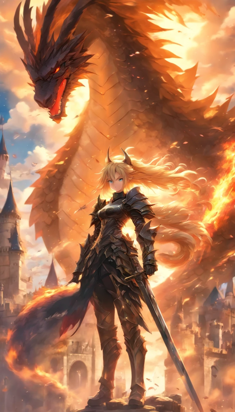 1 girl blonde slim big, Black armor in the left hand, a long sword, in der Rechten einen Speer im hintergrund ein, Drache, Wolken Schloss, UHD, masterpiece, high details, highres, best quality, 8k