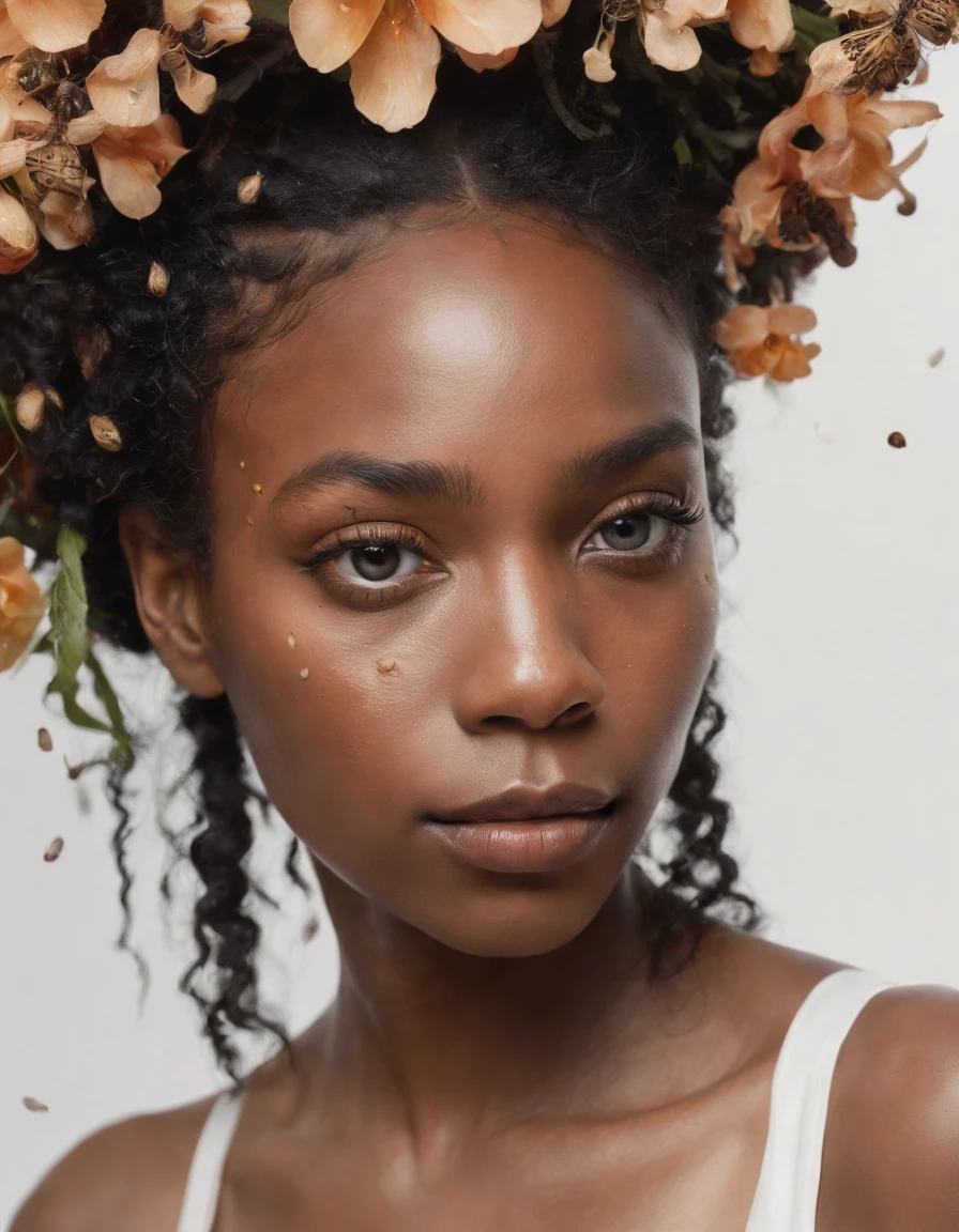 black girl in an illustration with dripping flowers on her face, in the style of collage-based, made of insects, william wegman, colorism, white background, pencil art illustrations, national geographic photo