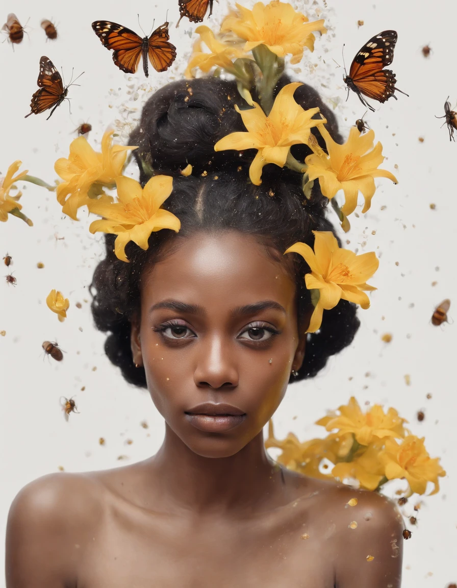 black girl in an illustration with dripping flowers on her face, in the style of collage-based, made of insects, william wegman, colorism, white background, pencil art illustrations, national geographic photo