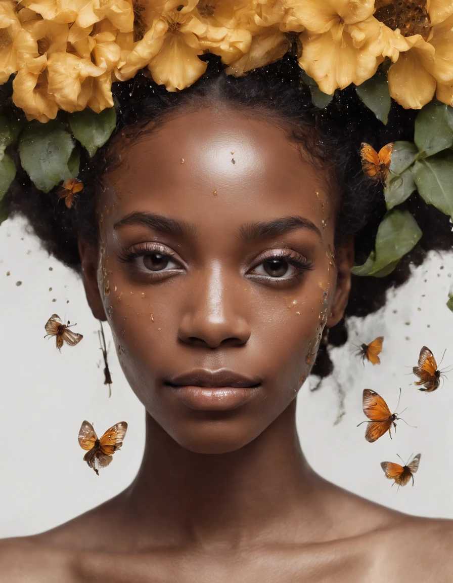black girl in an illustration with dripping flowers on her face, in the style of collage-based, made of insects, william wegman, colorism, white background, pencil art illustrations, national geographic photo