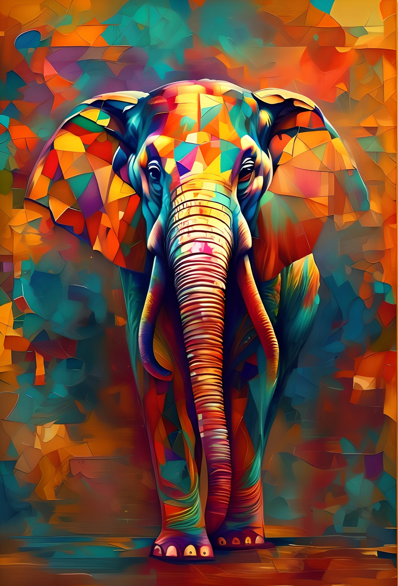 Bright colored elephant standing in front of a colorful background, Arte colorida do elefante, pintura bonita de um alto, elefante, Arte de Alessandro Pautasso, meio elefante, cheio de cores e detalhes ricos, elefante na sala, Directed by: Jakob Gauermann, um elefante, Directed by: Jason Benjamin, Arte poligonal, Bela arte UHD 16K, Directed by: Daniel Taylor,realismo minimalista