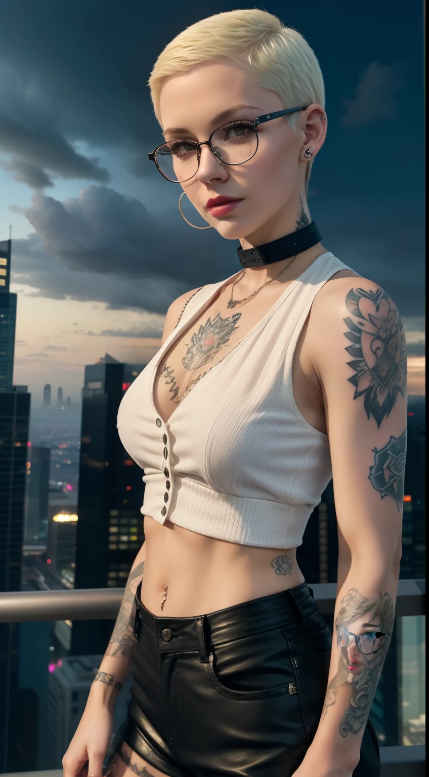 Girl, Riley Nixon haircut, shaved hair, Blonde hairstyle, Very short hair, Bald,, White vest shirt, Red Moon tattoo, Tattoo on the right arm, Wearing glasses, Blonde hairstyle, Riley Nixon haircut, Lipstick Black, Piercings in the face, On a skyscraper, looking at viewert, Storm City, 4K