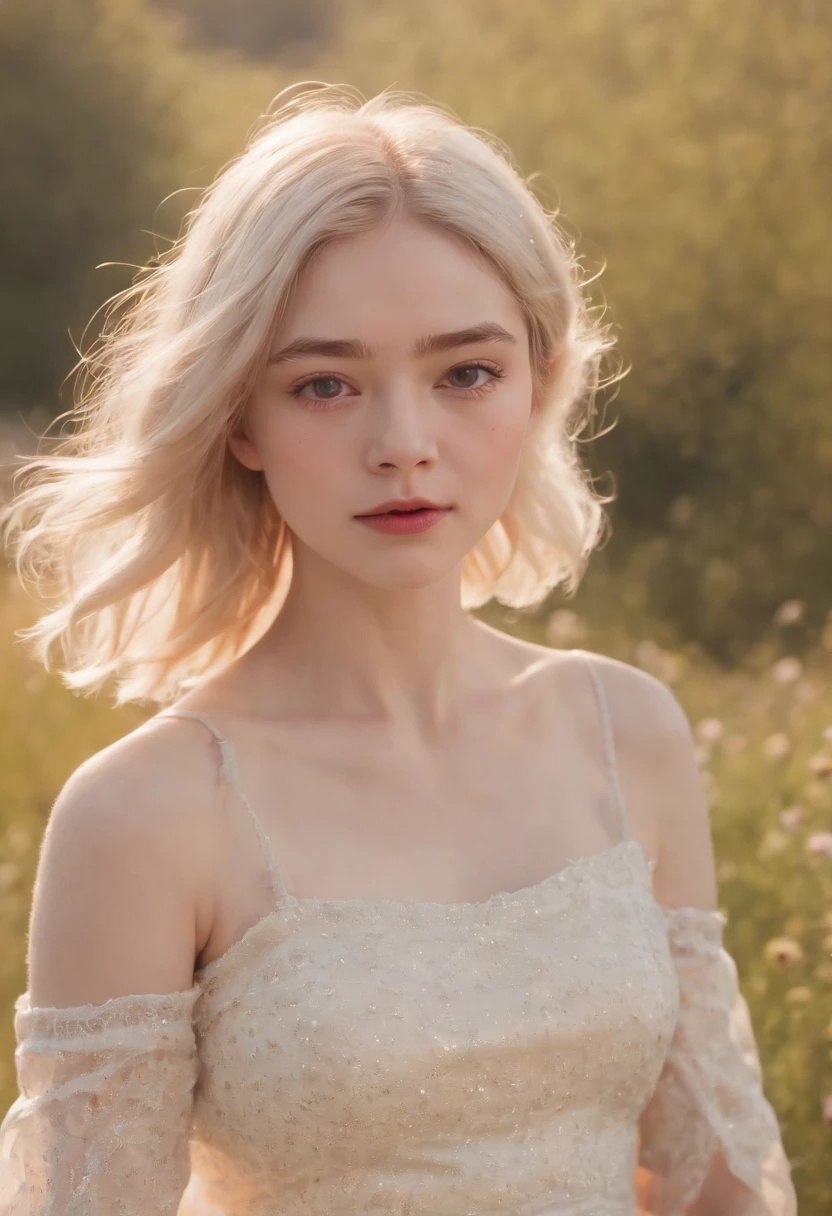 Very short hairstyle(medium close-up),Little fat girl,Cosmos Field,(((Cosmos blooms profusely))),(((cosmos))),Autumn sunshine pouring down from behind,The atmosphere of Elle Fanning,tiarra,cotton dress,(((thighs thighs thighs thighs))),bare-legged,white hair,Curly,angry looking face,12-year-old girl,short-haired,soft sunlight,(((birdseye view))),Sauce order,up of face,Kamimei,(((hitornfreckles)))