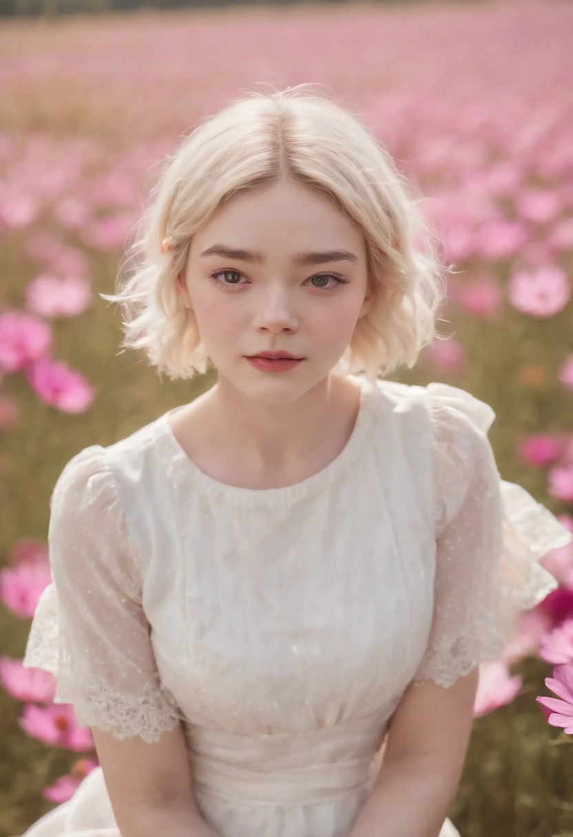 Very short hairstyle(medium close-up), fat girl,Cosmos Field,(((Cosmos blooms profusely))),(((cosmos))),Autumn sunshine pouring down from behind,The atmosphere of Elle Fanning,tiarra,cotton dress,(((thighs thighs thighs thighs))),bare-legged,white hair,Curly,angry looking face,12-yeaoldl,shohaired,soft sunlight,(((birdseye view))),Sauce order,up of face,Kamimei,(((hitornfreckles)))