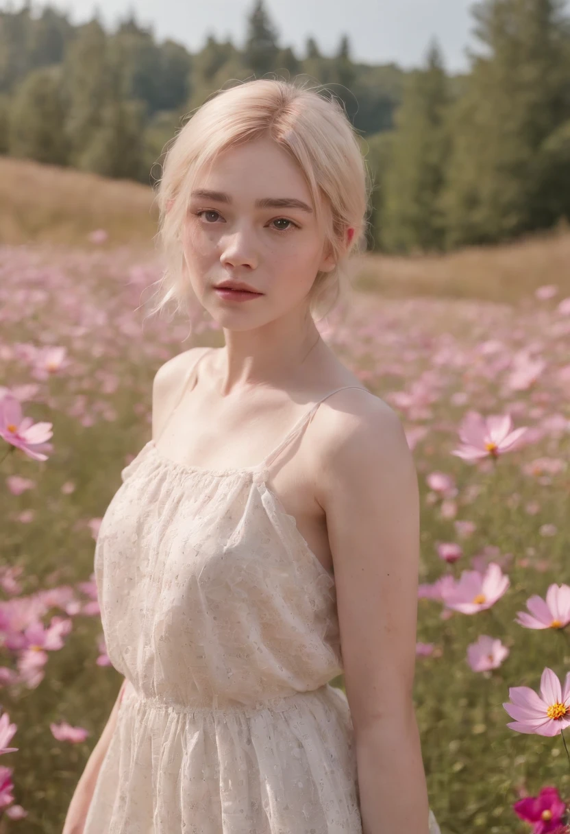 Very short hairstyle(medium close-up),Little fat girl,Cosmos Field,(((Cosmos blooms profusely))),(((cosmos))),Autumn sunshine pouring down from behind,The atmosphere of Elle Fanning,tiarra,cotton dress,(((thighs thighs thighs thighs))),bare-legged,white hair,Curly,angry looking face,12-year-old girl,short-haired,soft sunlight,(((birdseye view))),Sauce order,up of face,Kamimei,(((hitornfreckles)))