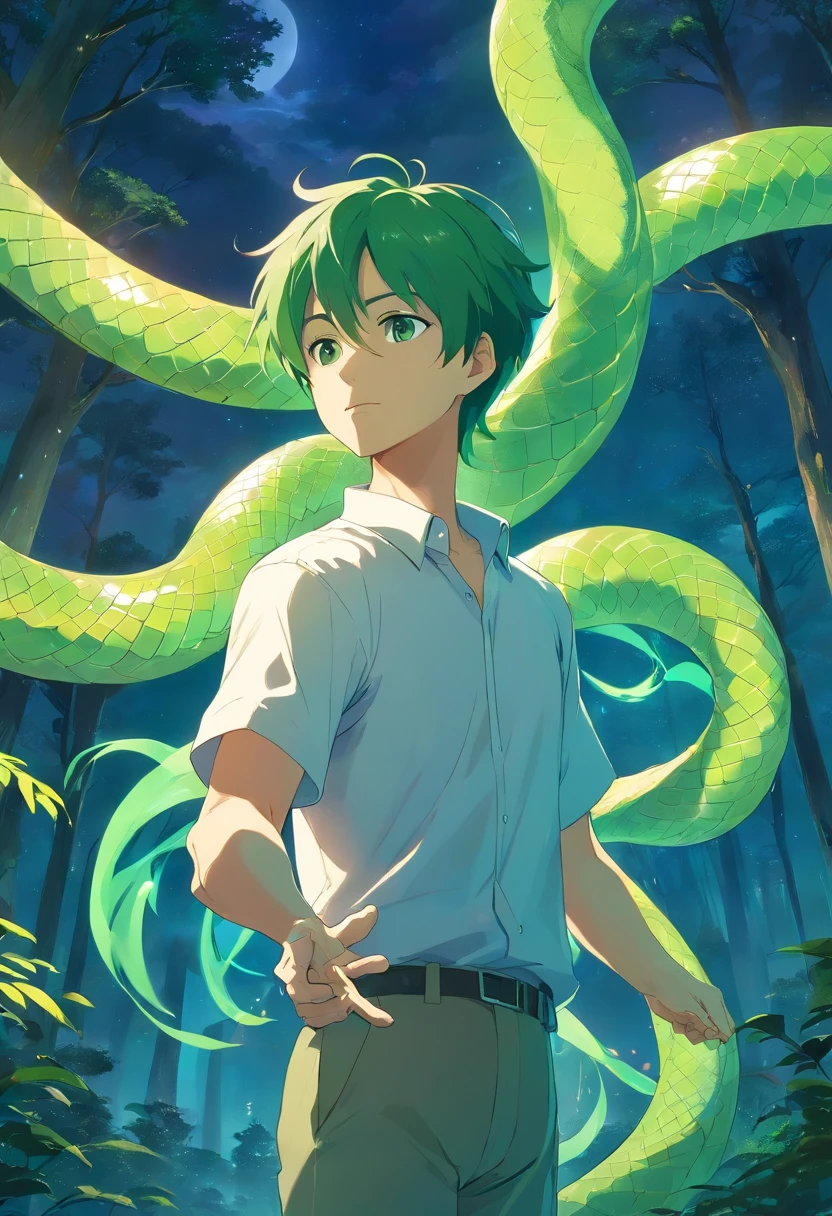 1 middle-aged man, with short green hair, white short sleeves, Holding a snake in his hand, mystical aura, Forest background, Moonlit Night, Swirling mist,fantastical creature, surreal atmosphere, Magical power,