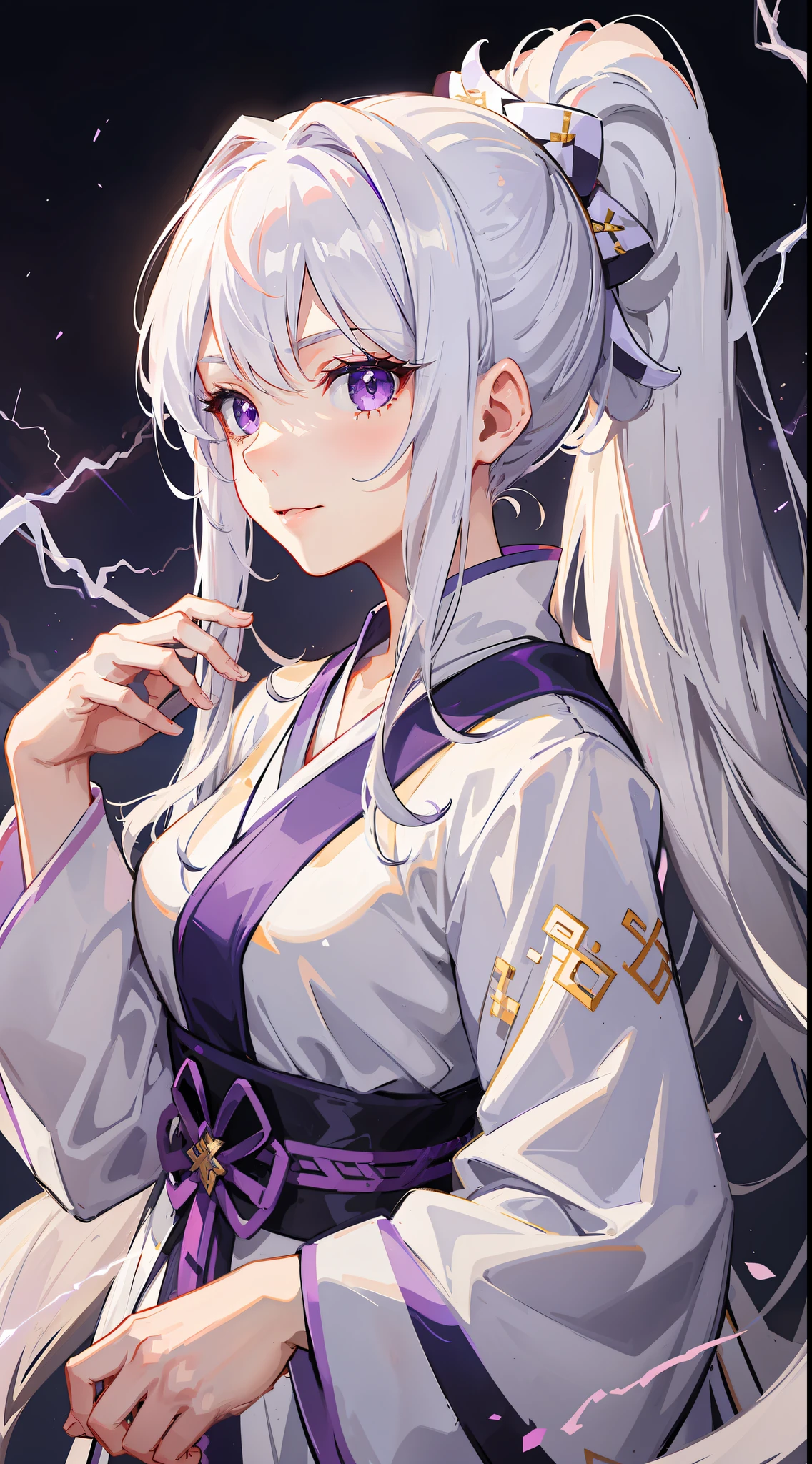 Young girl, long white hair, high ponytail, purple eyes, white hanfu, smirk, ice claws, lightning, masterpiece, high quality