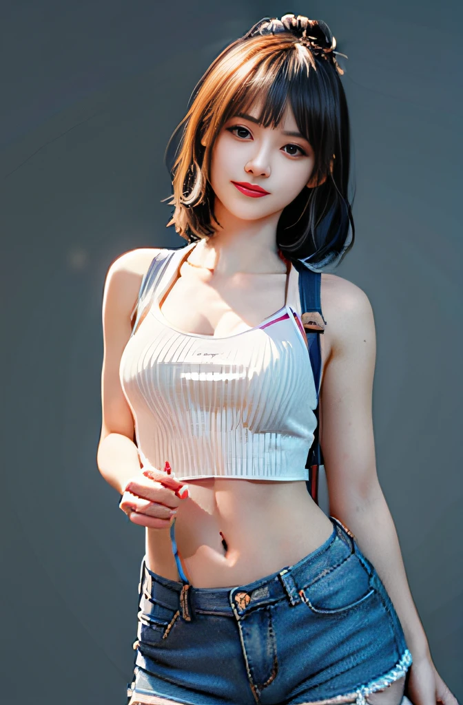 ((medium breasts⁩、tomgirl、))、(Chiseled abs:1.1)、(the perfect body:1.1)、(short wavy hair:1.2)、reddish brown hair、collars、FULL BODYSHOT、crowdedstreets、Tank tops、、(ripped clothing:1.3)((shortpants))、(Very detailed CG 8k wallpaper)、(extremely delicate and beautiful)、(​masterpiece)、(top-quality:1.0)、(超A high resolution:1.0)、beautiful  lighting、perfect lightning bolt、realistic shadow、[hight resolution]、Detailed skin、 ultra-detailliert(((colourfull)))、High Real、Look here and smile、