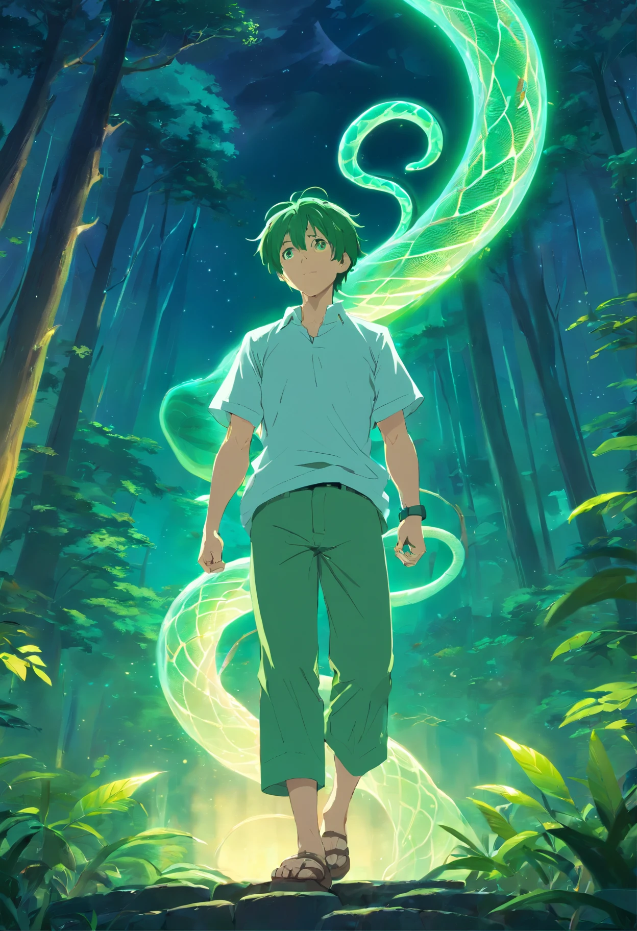 1 middle-aged man, with short green hair,  white short sleeves, Holding a snake in his hand, mystical aura,  Forest background, Moonlit Night, Swirling mist,fantastical creature, surreal atmosphere, Magical power,