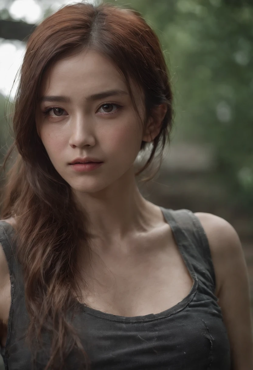 A breathtakingly beautiful girl, Radiant and charming eyes, Cold and intense, Long flowing hair, Sweaty body, Post-apocalyptic punk shirt, Short shorts, boot, Ultra photo realsisim, Realistic, best quality real texture skin, movie atmosphere, Tattered clothes, (Post-apocalyptic punk, Post-apocalyptic fiction), A post-apocalyptic world where buildings collapse, (blood stain), The art of Rei Kurahashi, Haunting and solemn, A beam of light shines through, Illuminate the gloomy environment, (Best quality, Masterpiece, Depth of field, Full-HD, 4K, Richness of detail), Portrait style,Upper body