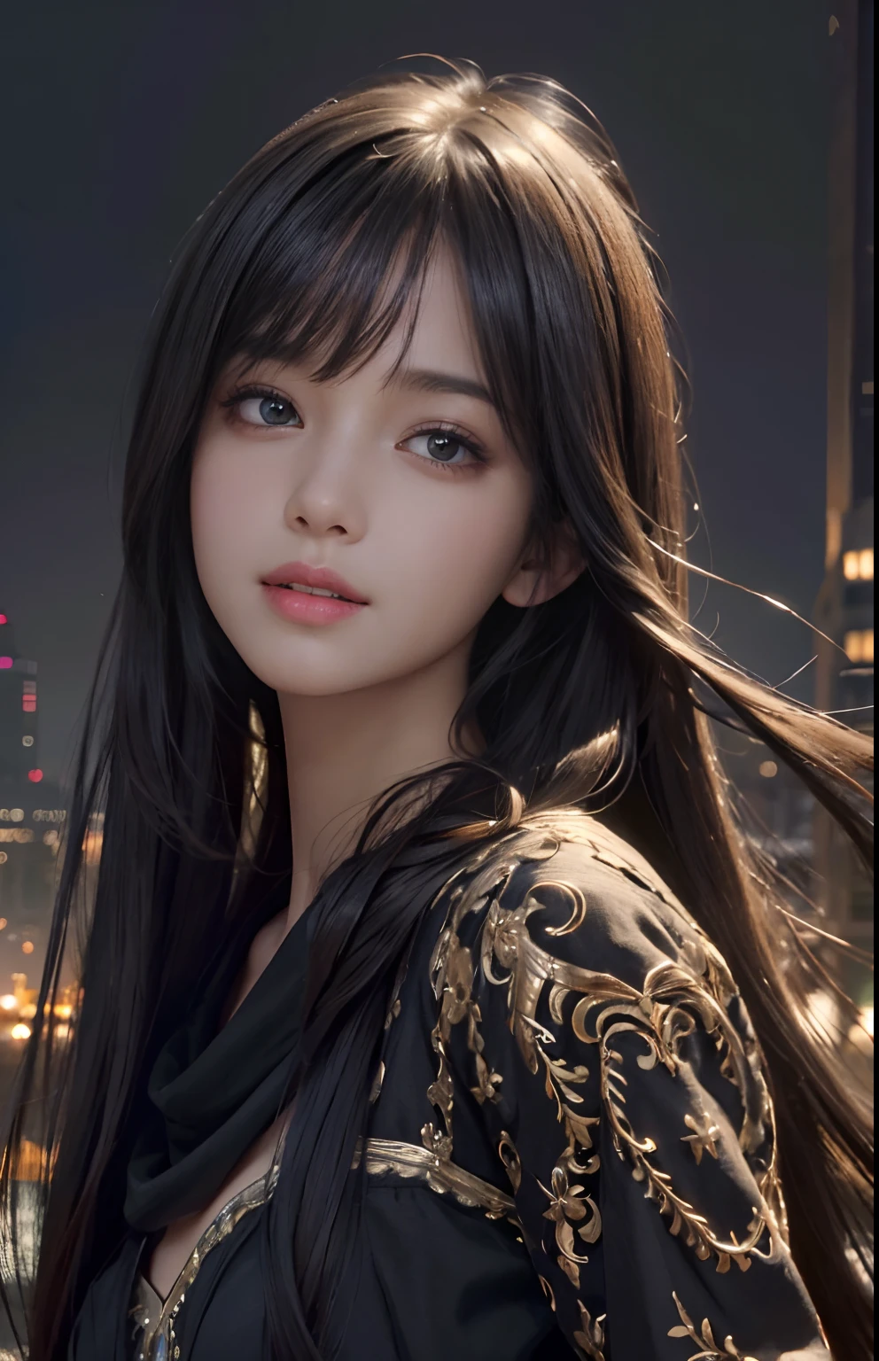 (Ultra Realistic), (Illustration), (Increased Resolution), (8K), (Extremely Detailed), (Best Illustration), (Beautiful and Detailed Eyes), (Best Quality), (Ultra Detailed), (Masterpiece ), ( wallpaper), (detailed face), solo, 1 girl, looking at viewer, fine details, detailed face, in the dark, deep shadows, low key, pureerosfaceace_v1, smiling, long hair, black shawl straight hair , 46 points oblique bangs