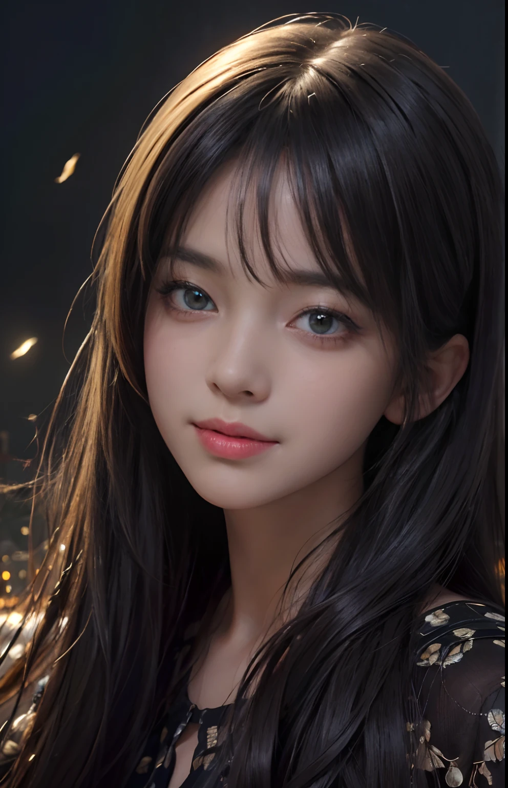 (Ultra Realistic), (Illustration), (Increased Resolution), (8K), (Extremely Detailed), (Best Illustration), (Beautiful and Detailed Eyes), (Best Quality), (Ultra Detailed), (Masterpiece ), ( wallpaper), (detailed face), solo, 1 girl, looking at viewer, fine details, detailed face, in the dark, deep shadows, low key, pureerosfaceace_v1, smiling, long hair, black shawl straight hair , 46 points oblique bangs