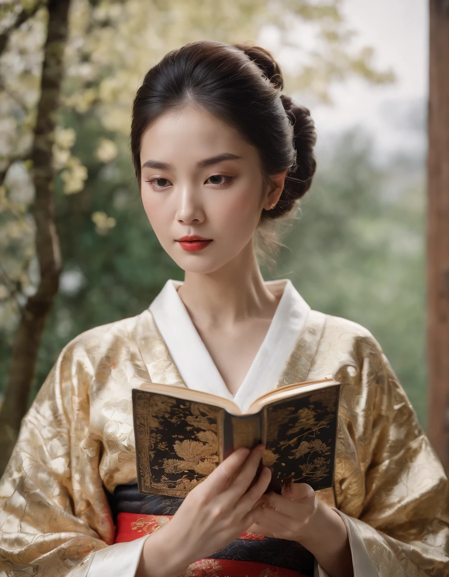 a woman reads a book with her kimono, in the style of gold leaf and gilding, exquisite black and white engravings, detailed facial features, playful and colorful depictions, ultrafine detail, dansaekhwa, historical imagery