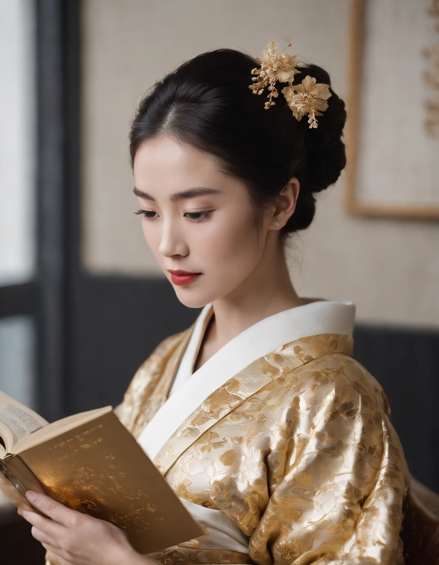 a woman reads a book with her kimono, in the style of gold leaf and gilding, exquisite black and white engravings, detailed facial features, playful and colorful depictions, ultrafine detail, dansaekhwa, historical imagery
