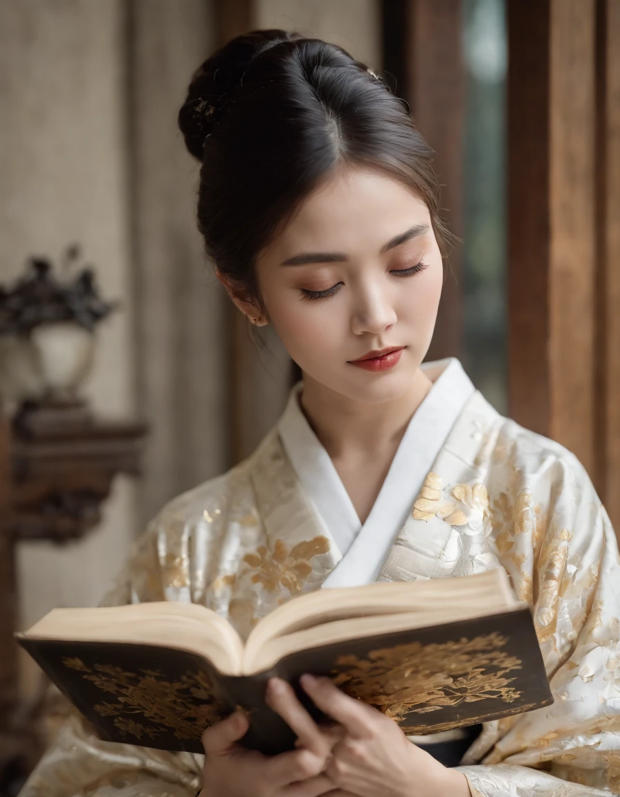 a woman reads a book with her kimono, in the style of gold leaf and gilding, exquisite black and white engravings, detailed facial features, playful and colorful depictions, ultrafine detail, dansaekhwa, historical imagery