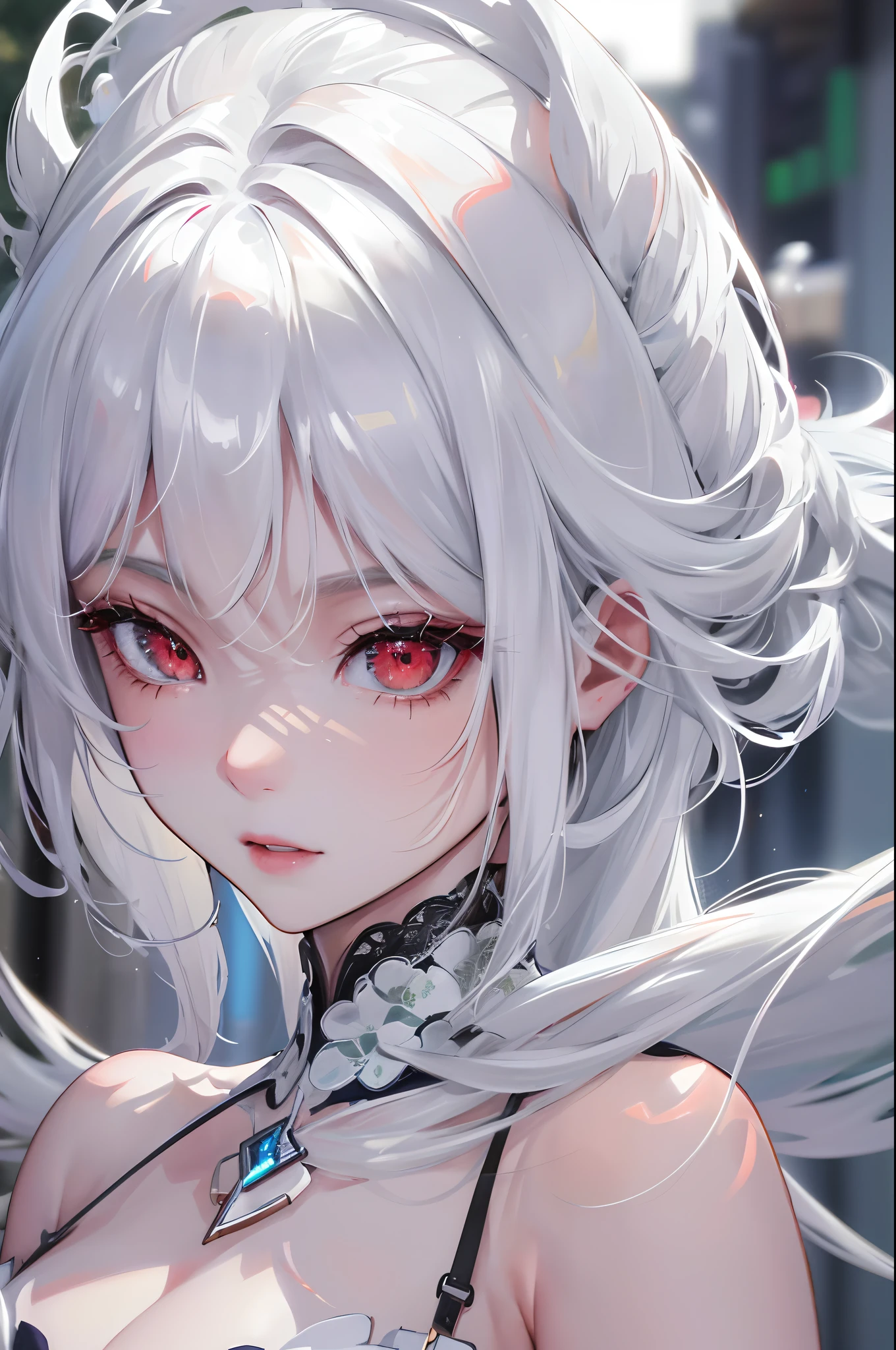 young girl　silver hair　short hair　red eyes　irreverent face　look down　thin body　thin thighs　small breasts　small ass　toned body　blue sky　cloud　hair blowing in the wind　high quality　High resolution　8K　vampire　watercolor　natural feel　bridge of the nose　((最high quality)), ((masterpiece)), (get used to it), dignified face　grassland　close up of face　Beautiful as a goddess　whole face　I can see the nipples　lipstick　eye shadow　naked 　ID photo style　one piece　long eyelashes　Accurate