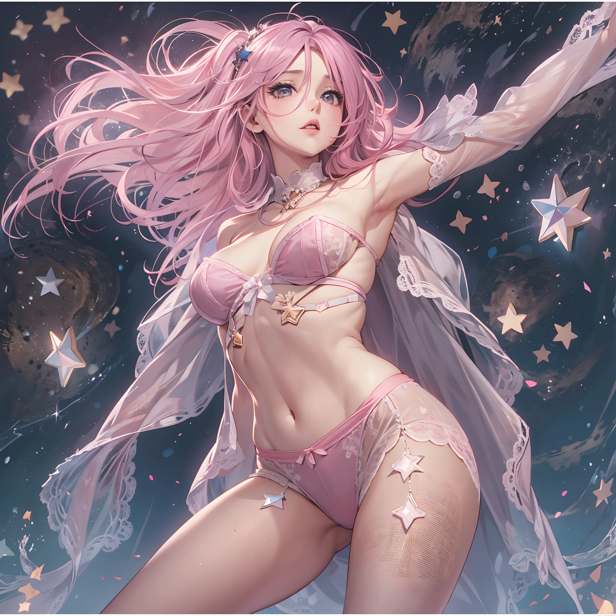 ((Masterpiece, Highest quality)), perfectly proportions，CharacterDesignSheet，full bodyesbian，Sexy woman，A pink-haired，lacepantyhose，Starry Sky Stage，Star decoration，Natural light