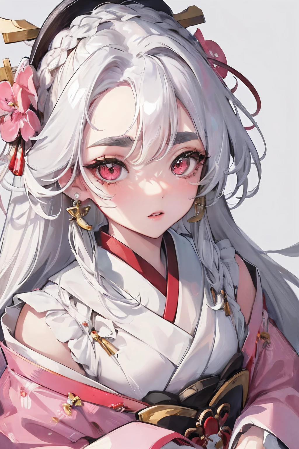 masterpiece, top-quality, The ultra -The high-definition, Top resolution, ighly detailed, Braided hair、pretty skin , thick eyebrow、Thick eyebrows、very thick eyebrows、from above geisha with long white hair , traditional clothes , pink eyes ,emerald earrings 8k high resolution