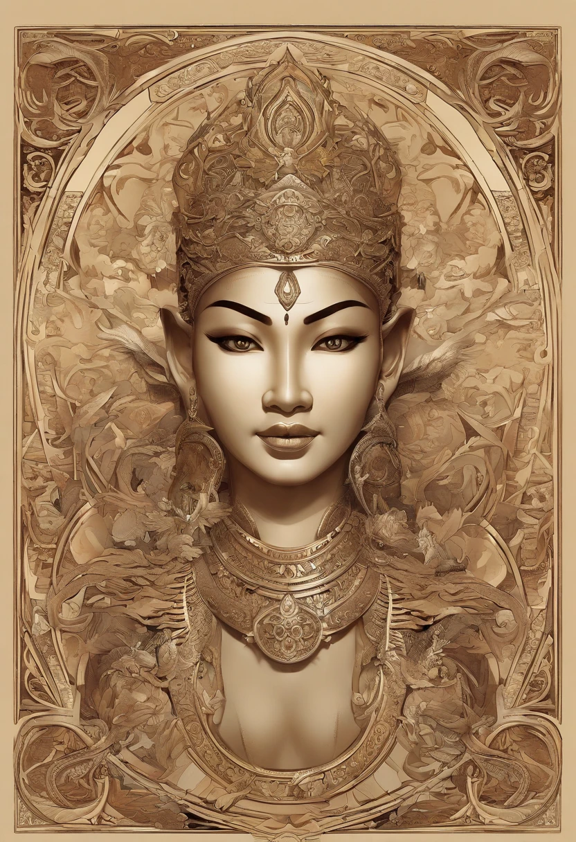 Create a stunning ultra-realistic portrait of a "(((Ancient Myanmar God)))" fantasy character in the art nouveau style. Pay meticulous attention to intricate details and draw inspiration from the fifth element artifacts. Incorporate references from artists such as Peter Mohrbacher, Hajime Sorayama, Wayne Barlowe, Boris Vallejo, Aaron Horkey, Gaston Bussiere, Craig Mullins, and Alphonse Mucha to bring depth and character to the artwork. Enhance the composition with arty nouveau curves and spirals for an added touch of elegance and complexity.