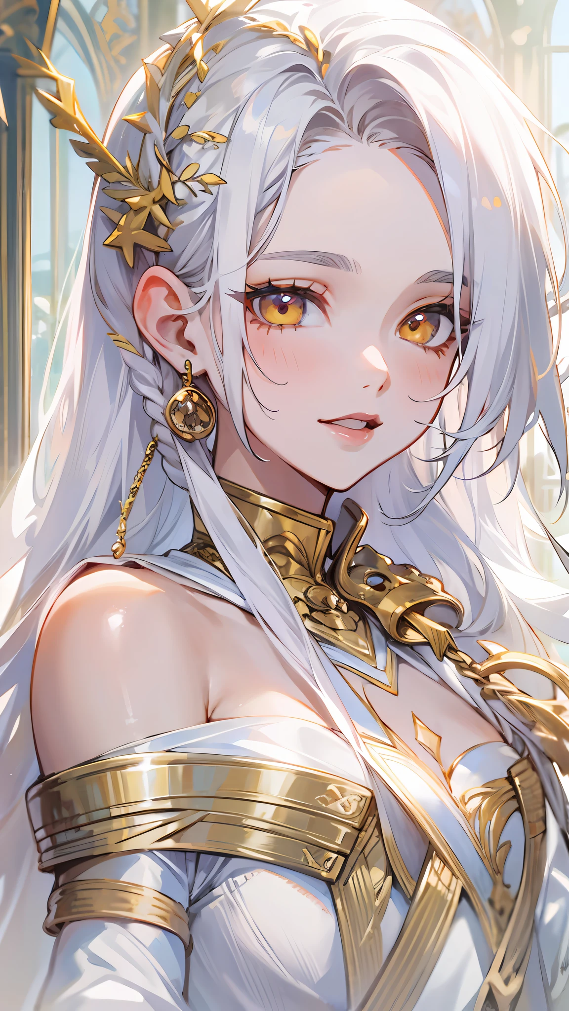 best quality, masterpiece,white hair, gold eyes,white clothes, looking up, upper body,hair strand,Fair skin,side braids